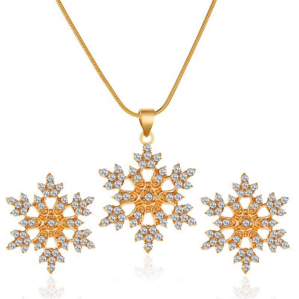 2Pcs Women's Crystal Snowflake Earrings and Necklace Set - Elegant Christmas Jewelry Gift for Mom, Wife, Sister & Best Friend (Gold) | Perfect for Holiday Parties, Mother's Day & Christmas Presents