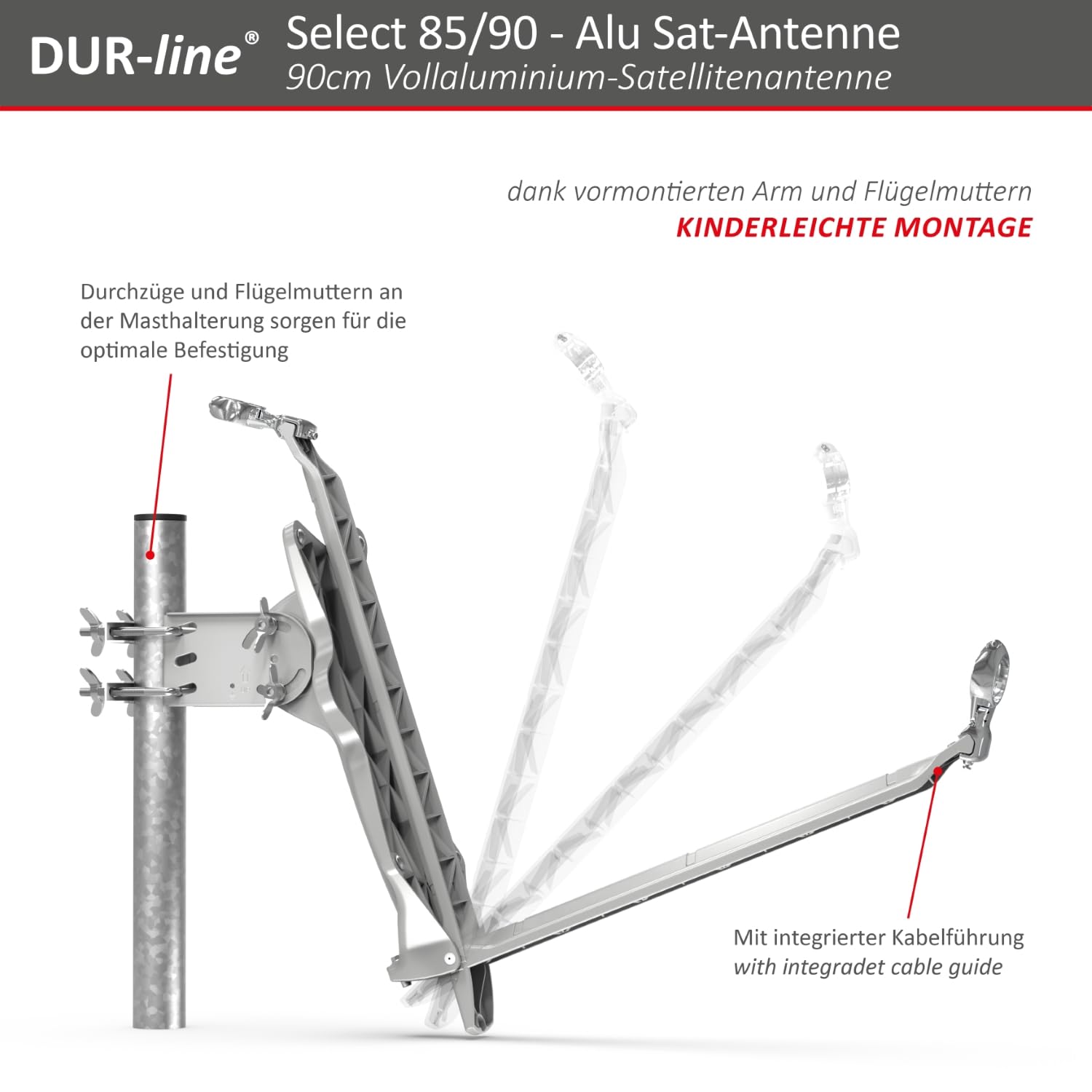 DUR-line Select 85cm x 90cm Aluminum Satellite Dish - High Performance Red Antenna for Strong Signal Reception - Perfect for RV, Camping & Rural Areas