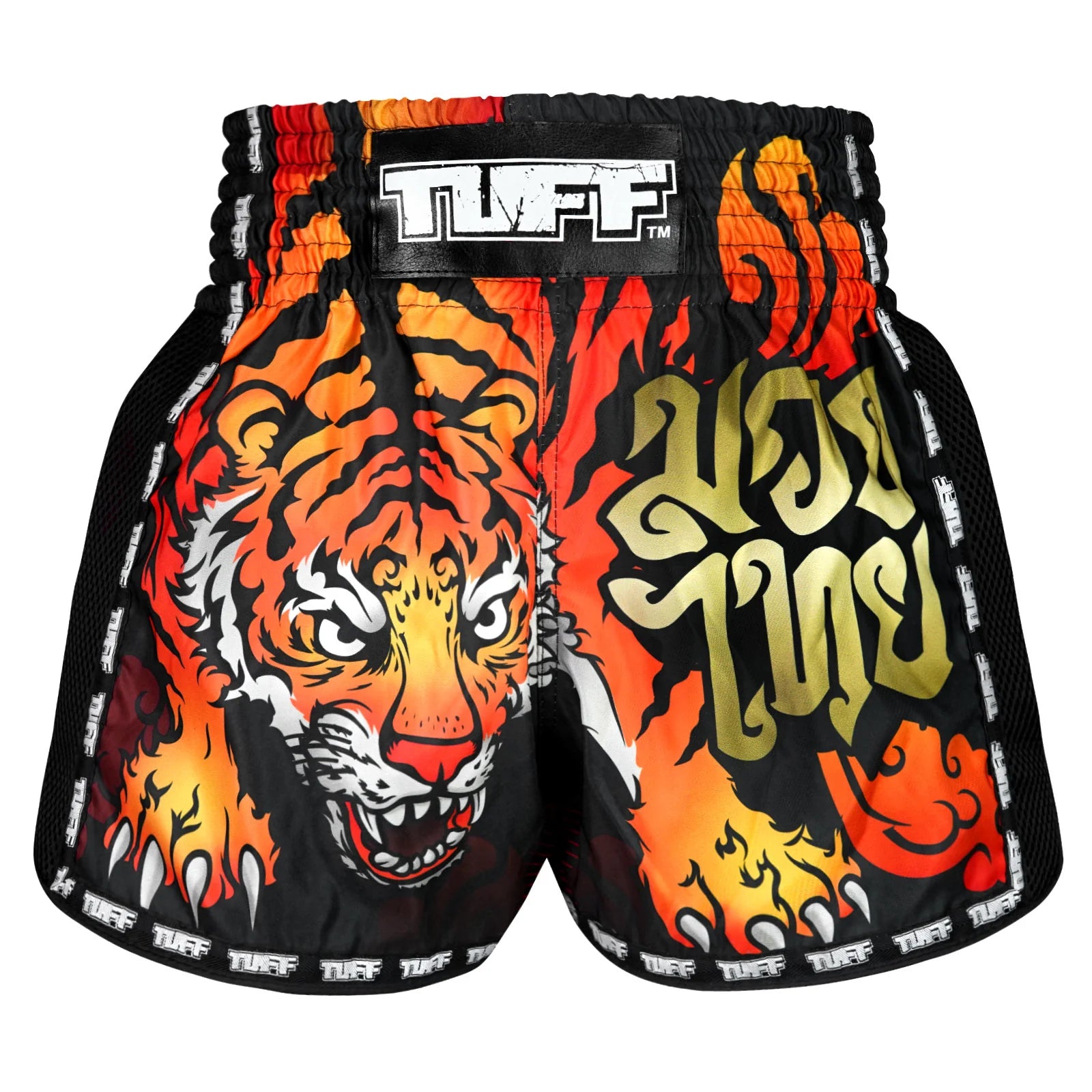 Tuff Muay Thai Shorts Retro Cruel Tiger Black/Orange - Authentic MMA & Kickboxing Gear for Training & Competition
