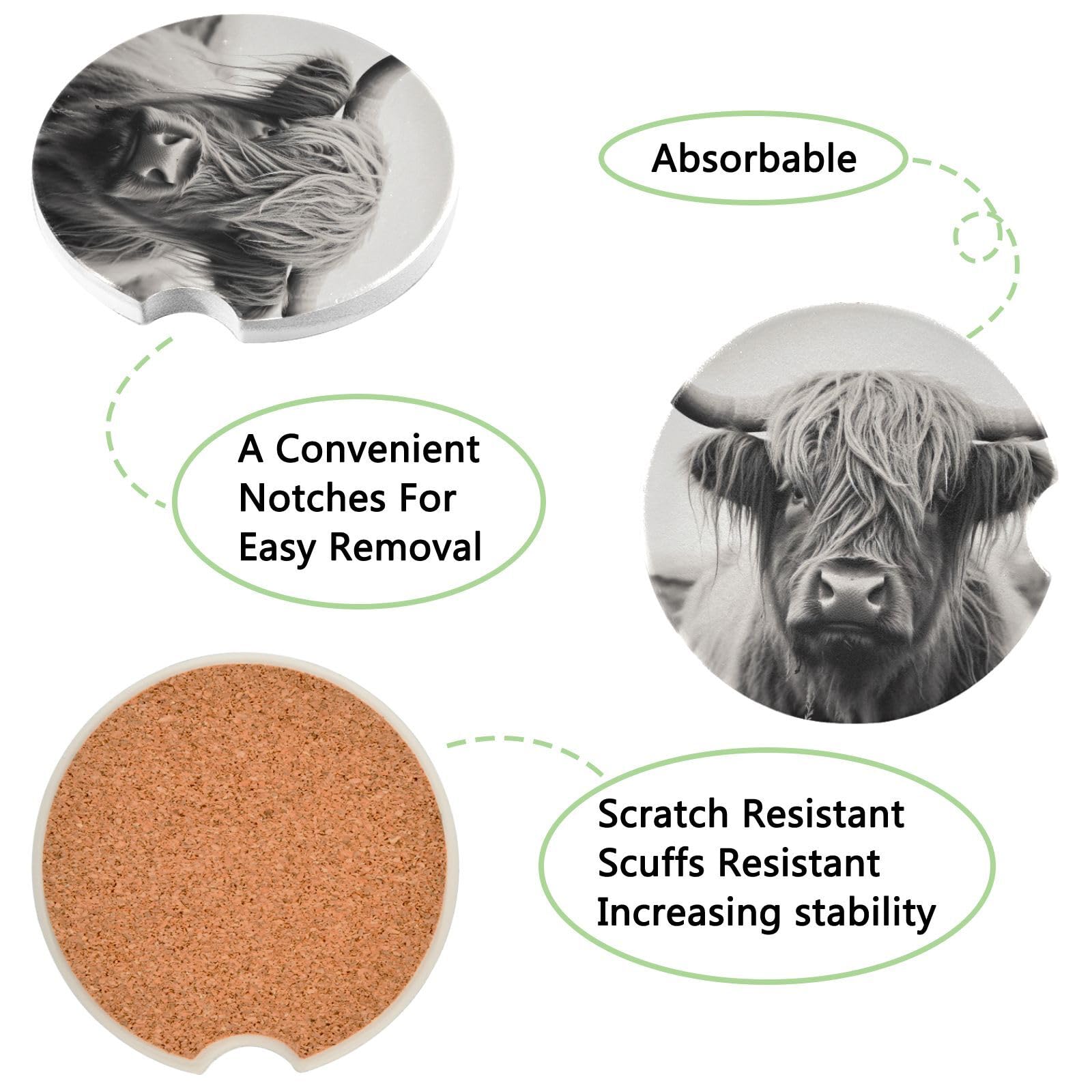 Highland Cow Car Coasters 2 Pack - Absorbent Ceramic Stone Cup Holders with Non-Slip Grip for Car, Truck & SUV - Cute Scottish Themed Drink Coasters for Coffee, Soda & Beverages