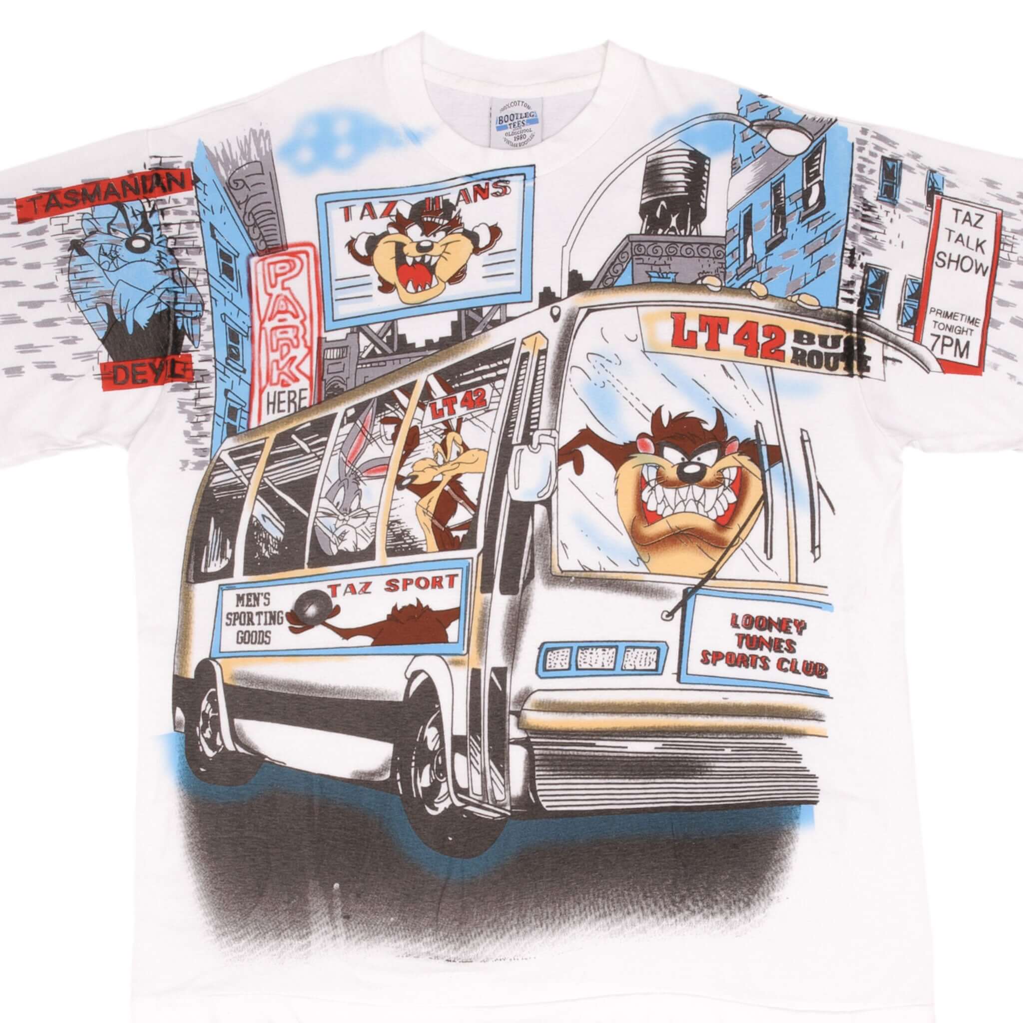 Vintage Looney Tunes Taz Devil All Over Print T-Shirt XL - Single Stitch Retro Cartoon Tee for Men - Perfect for Casual Wear, Cosplay, and Pop Culture Fans