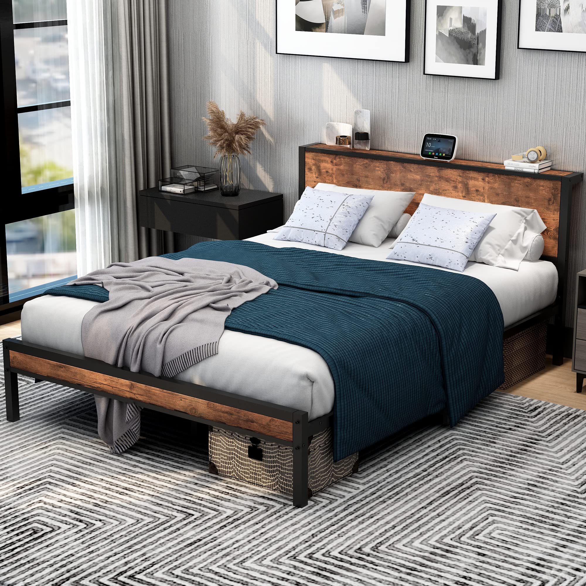 DUMEE Queen Size Bed Frame with Wood Storage Headboard - Sturdy Metal Platform Bed Foundation, No Box Spring Needed, Noise Free, Black & Rustic Brown - Perfect for Small Bedrooms, Guest Rooms & Modern Apartments