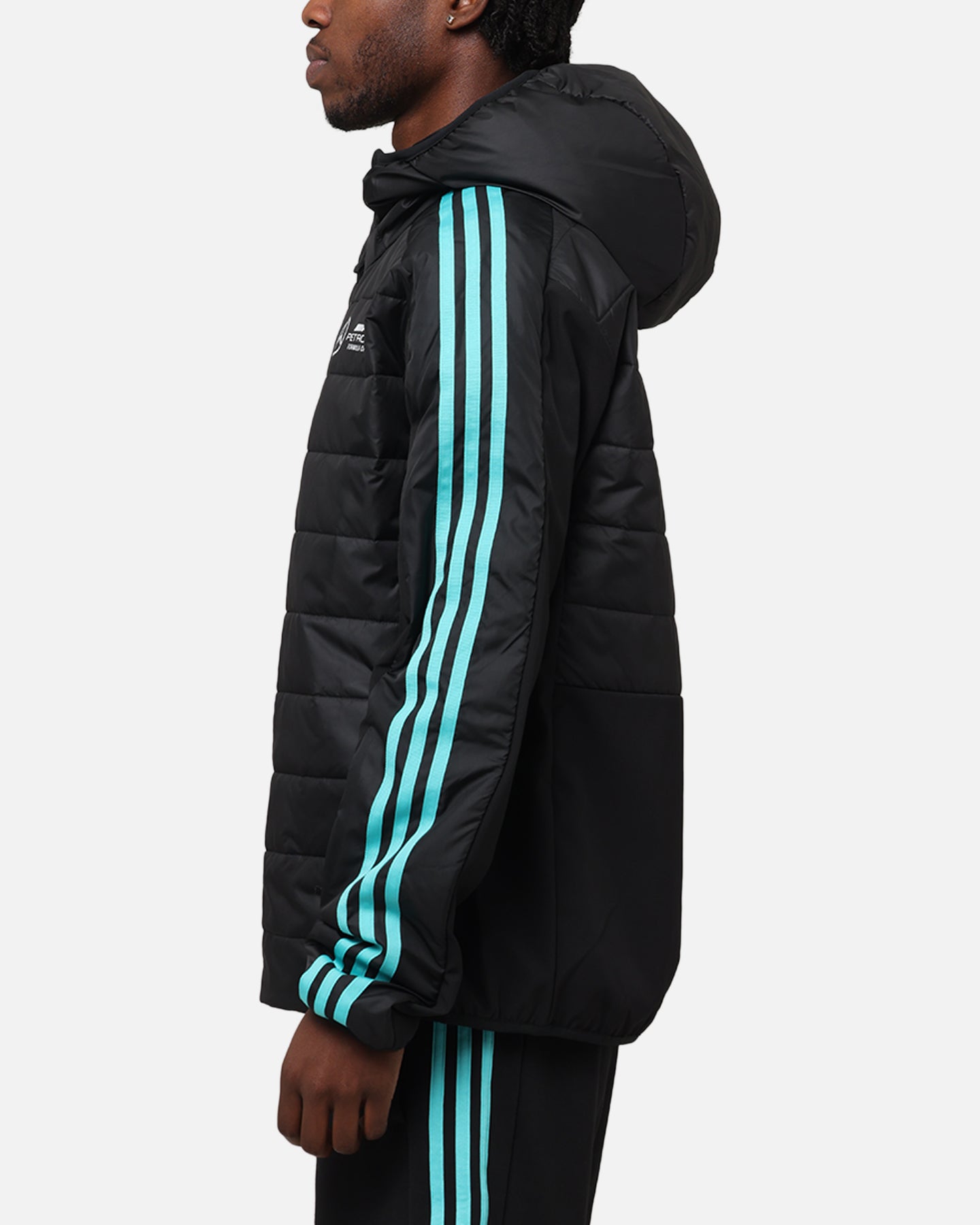 Adidas x Mercedes AMG PETRONAS F1 DNA Puffer Jacket for Men - Black & White Winter Coat - Stylish Racing-Inspired Outerwear for Cold Weather & Motorsport Events