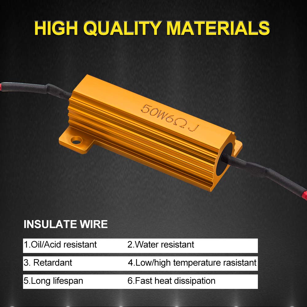 Premium Safego 50W 6Ohm LED Load Resistors (4-Pack) - High Quality Resistors for LED Turn Signals, License Plate Lights & DRL - Fix Hyper Flash & Bulb Out Warnings - Perfect for Cars, Trucks & Motorcycles