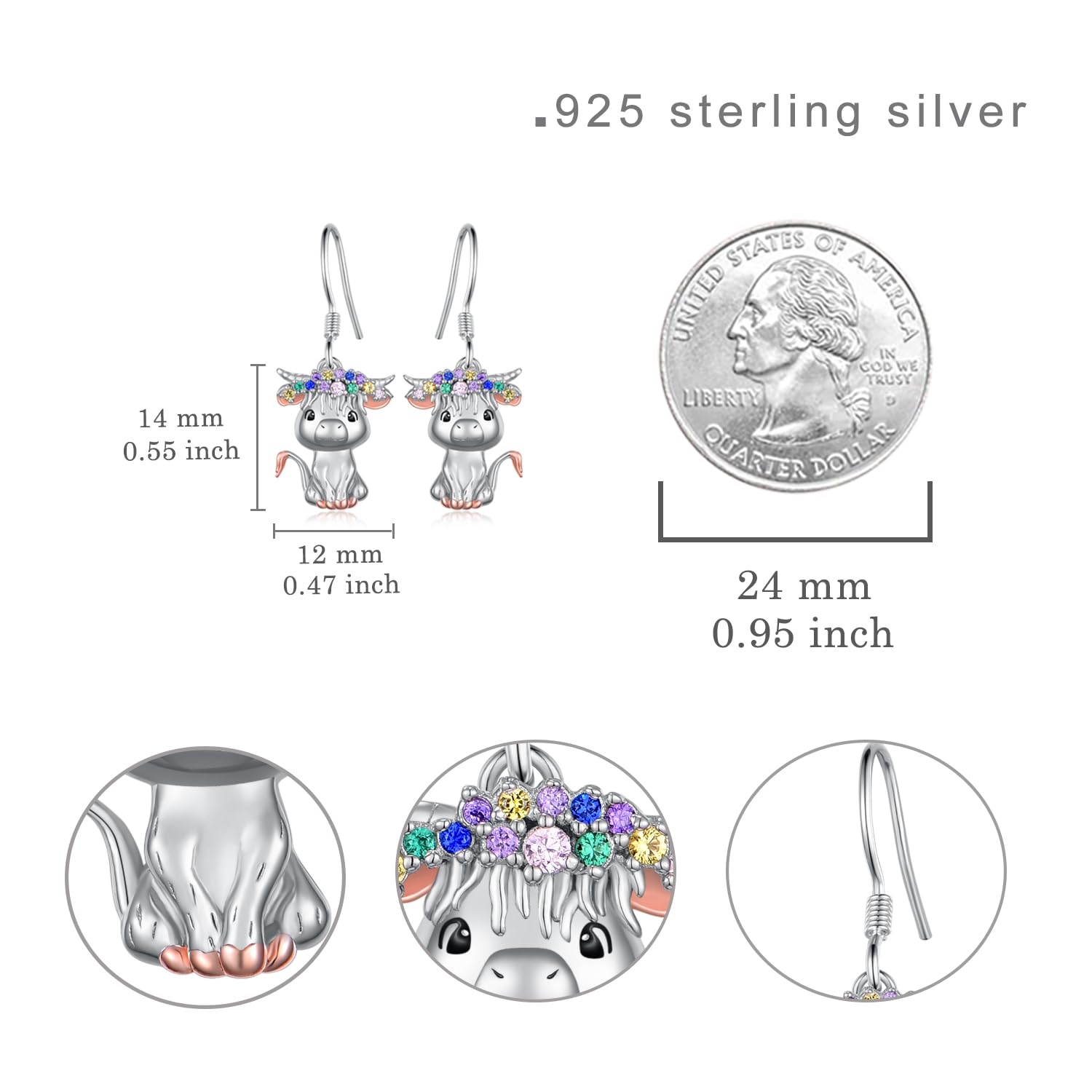 925 Sterling Silver Highland Cow Dangle Earrings for Women - Cute Animal Jewelry Gift for Teens, Birthday, Christmas - Perfect for Casual Wear, Parties & Gifts