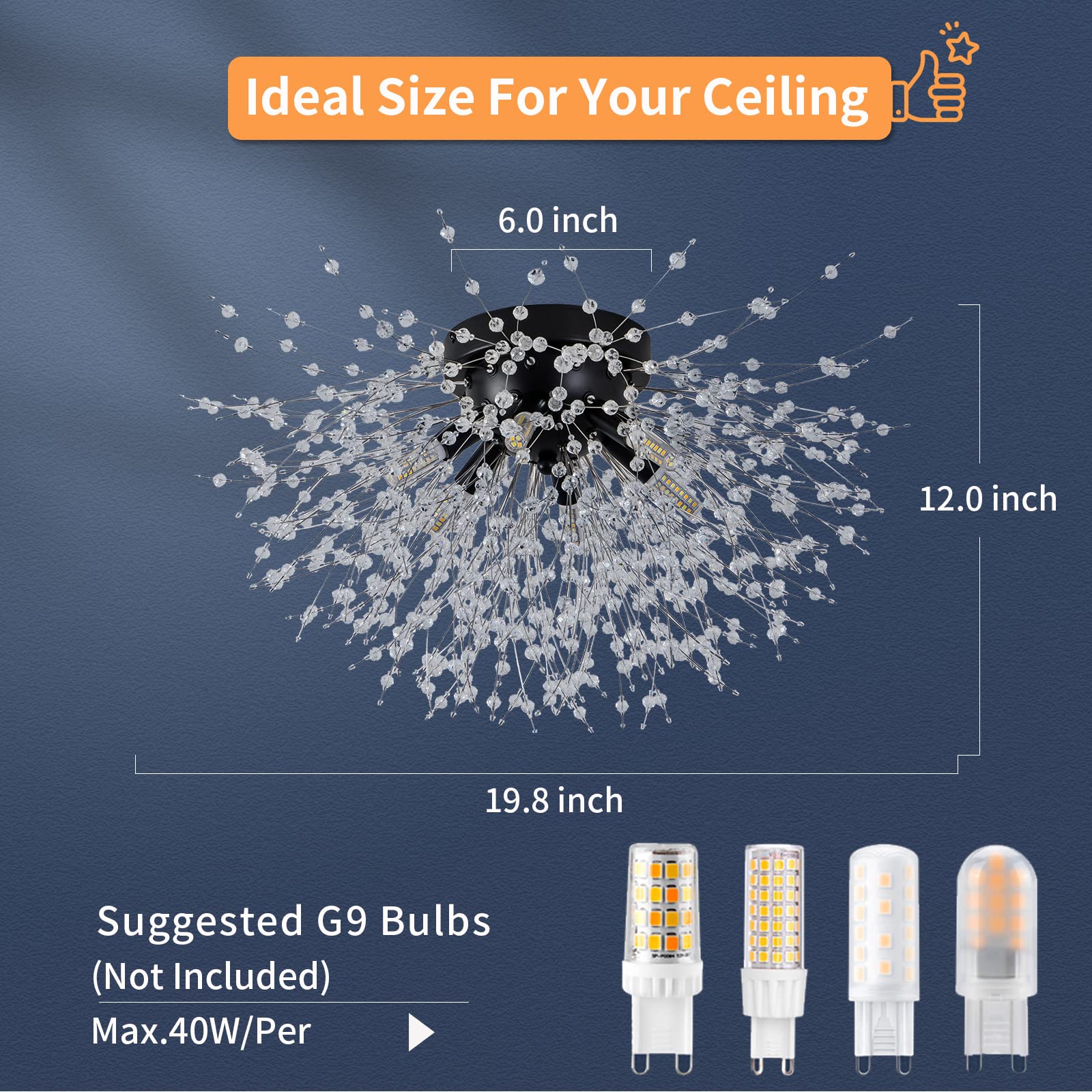 Modern Black Semi Flush Mount Ceiling Light Fixture - 6-Light Crystal Sputnik Firework Design, Close-to-Ceiling Lighting for Bedroom, Kitchen, Hallway, Entryway & Closet (Matte Black) - Perfect for Contemporary Home Decor & Ambient Lighting