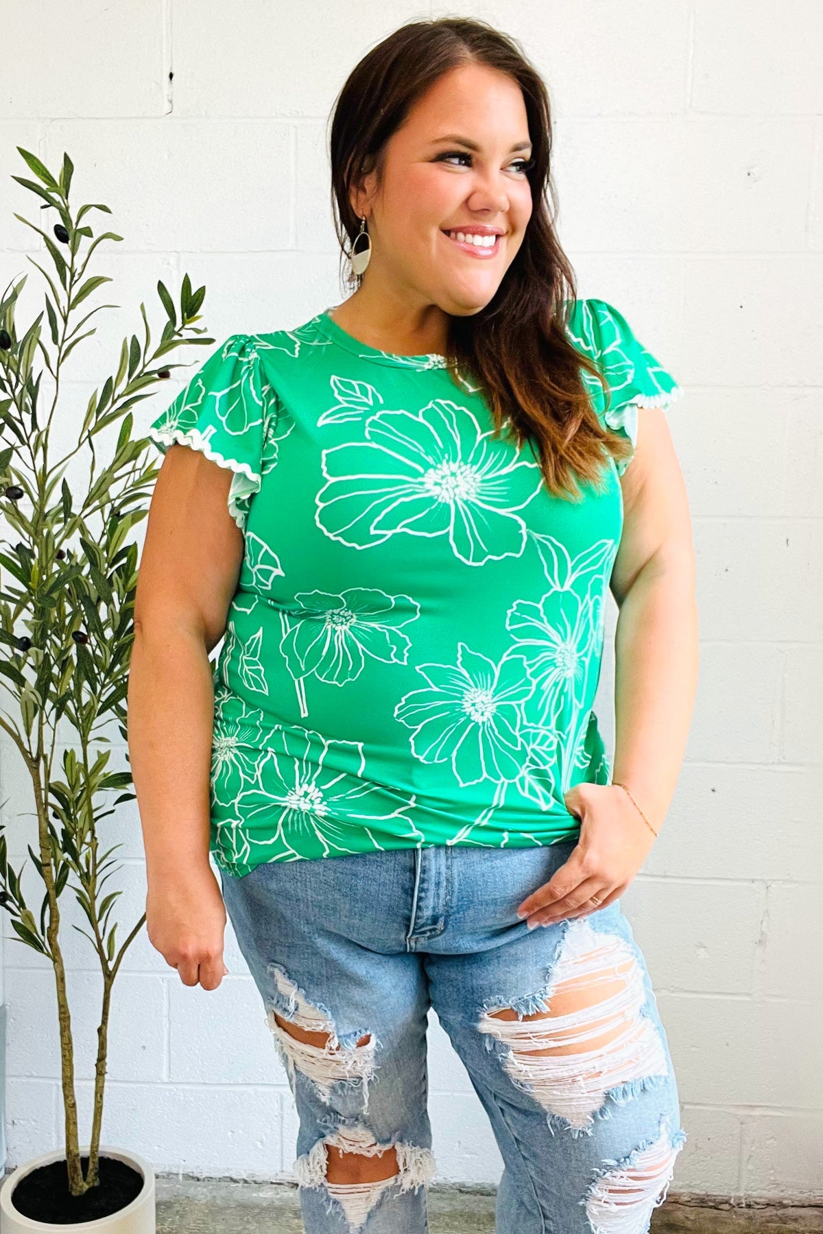 Follow Me Emerald Floral Ric Rac Trim Flutter Sleeve Blouse - Elegant Women's Fashion Top for Parties, Dates & Summer Outfits
