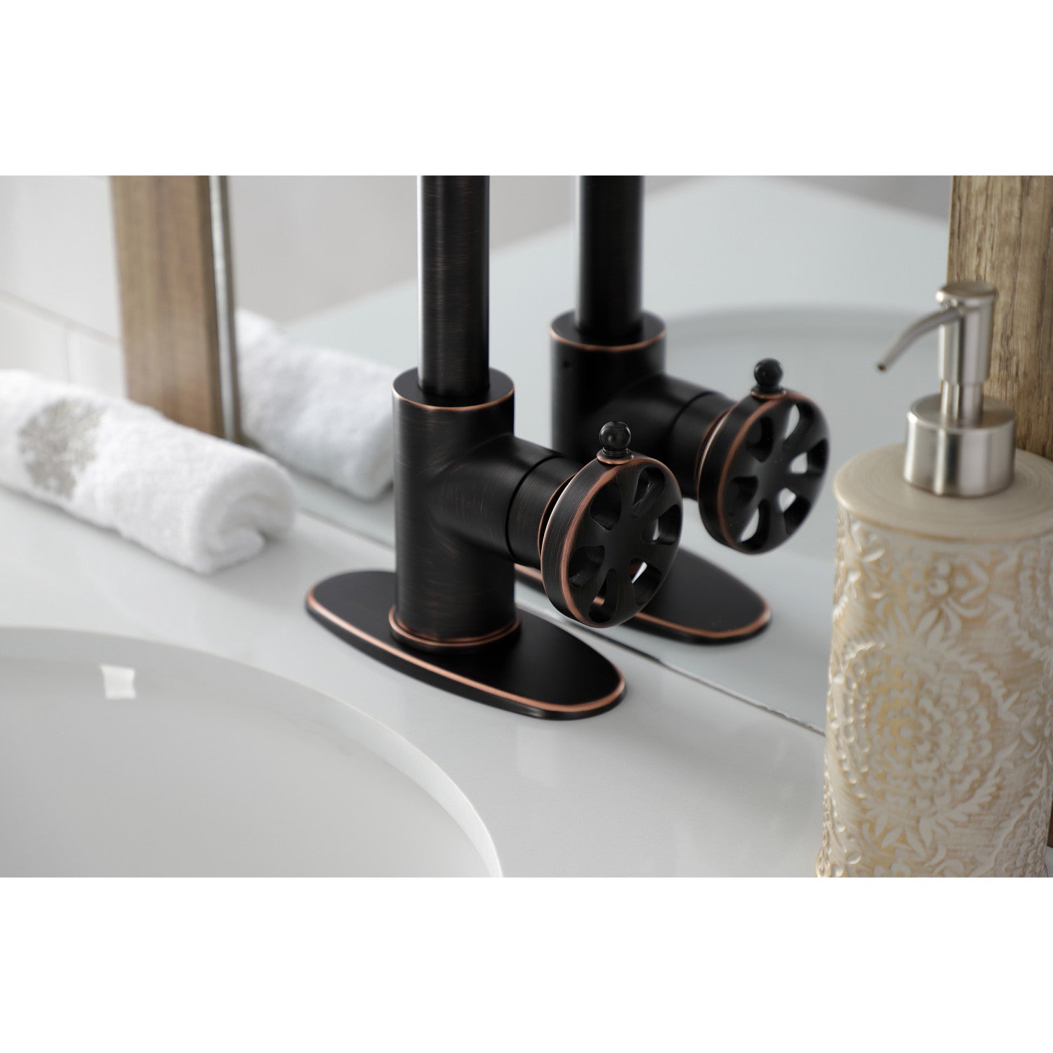 Belknap KSD144RXNB Single Handle Bathroom Faucet with Deck Plate & Push Pop-Up Drain - Naples Bronze Finish for Sink Vanity and Powder Room