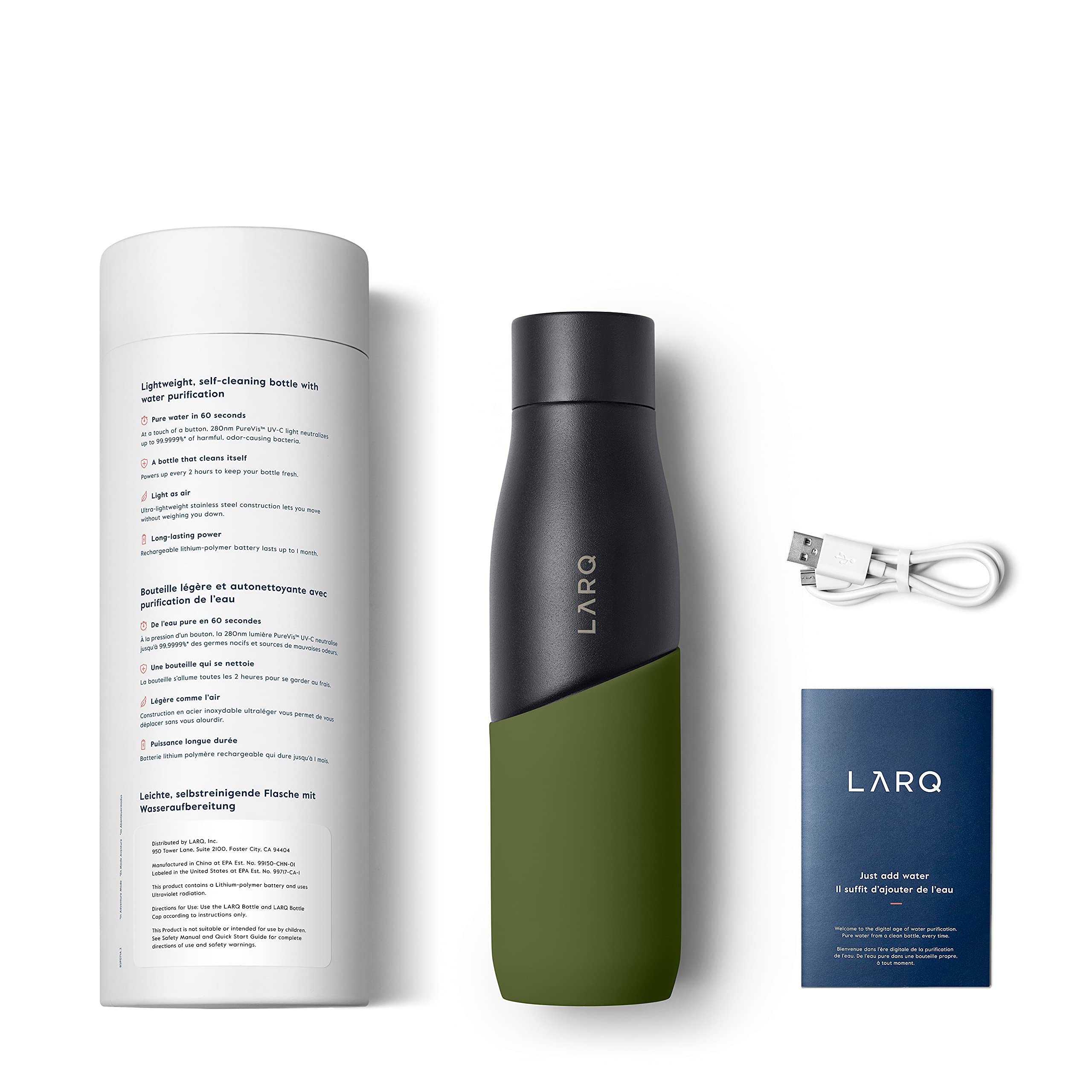 LARQ Bottle Movement PureVis 24 oz Stainless Steel Water Bottle with UV Water Purifier - Self-Cleaning, Lightweight, Non-Insulated | Reusable & Travel Friendly for Hiking, Gym, Office | Black/Pine