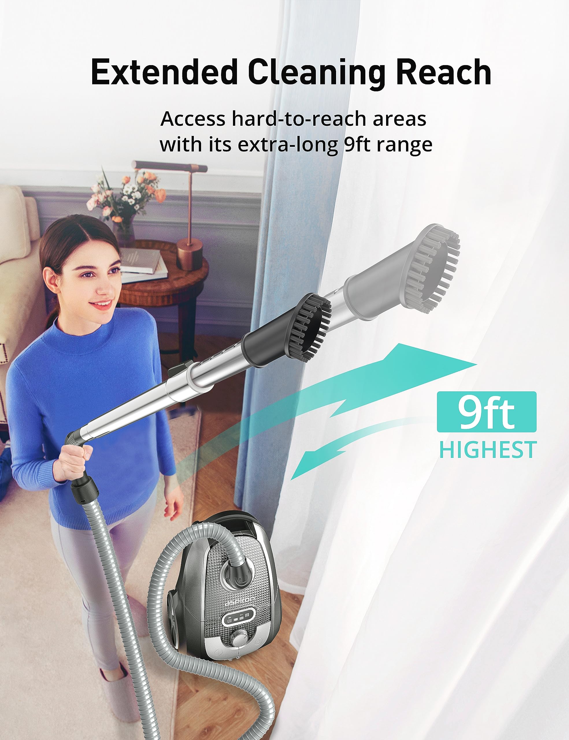 Aspiron Powerful Canister Vacuum Cleaner with HEPA Filtration - Lightweight & Quiet for Hardwood Floors & Carpets - Perfect for Pet Hair, Home Cleaning & Allergy Relief (Grey)
