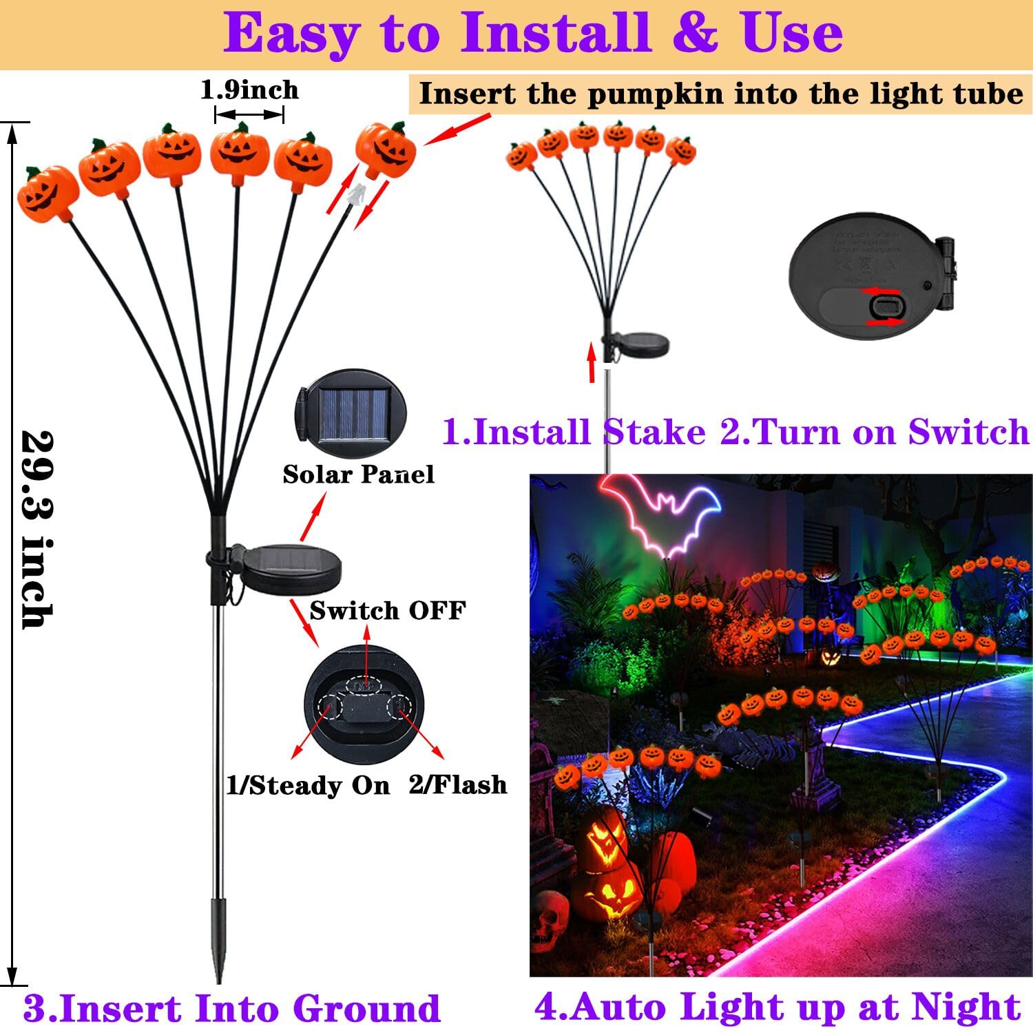 2 Pack Solar Halloween Pumpkin Stake Lights - Waterproof Outdoor Jack-O-Lantern Firefly Lights for Yard, Lawn & Garden Decor | Perfect for Pathway Lighting & Spooky Halloween Atmosphere