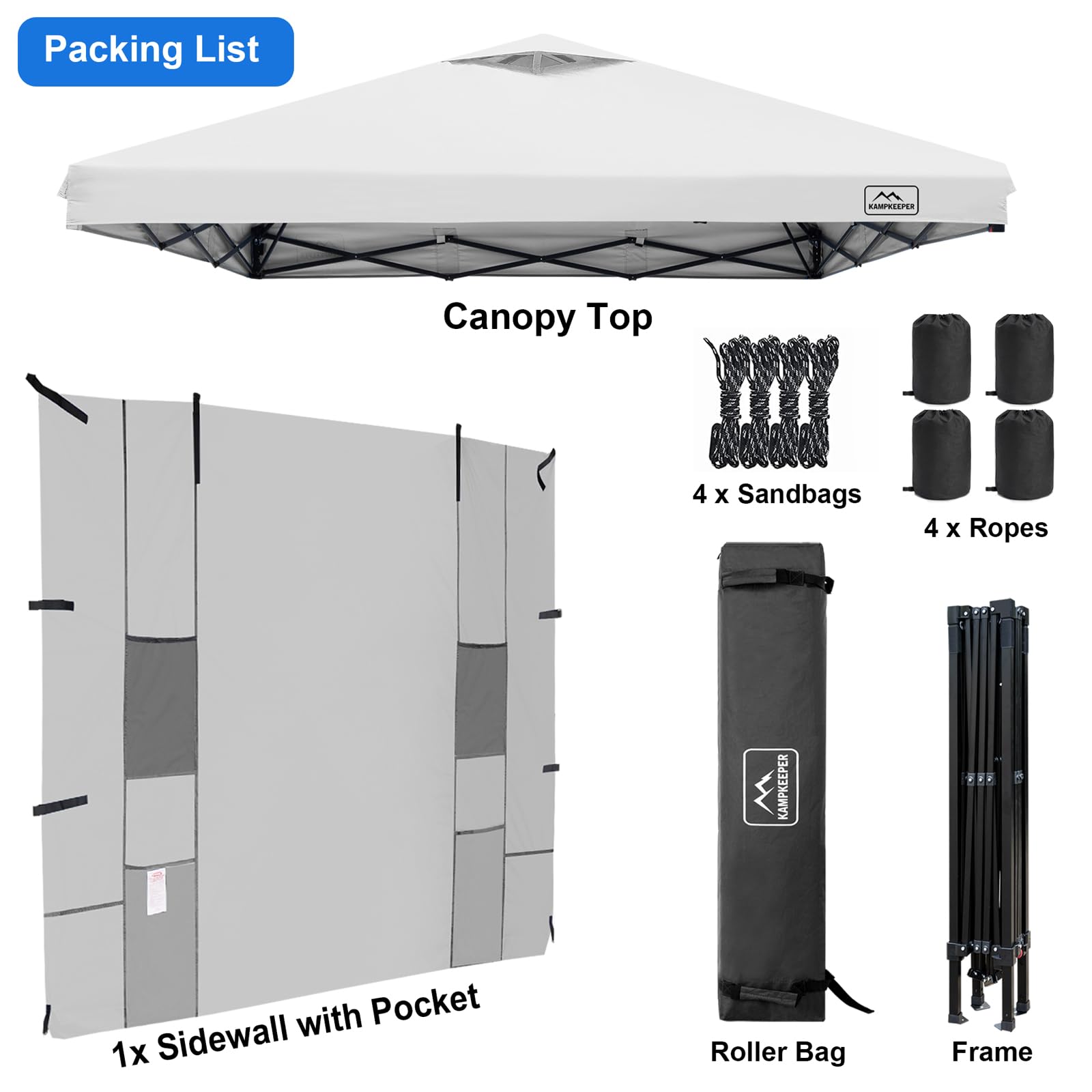 KAMPKEEPER 10x10 Pop Up Canopy Tent with Storage Pockets & Sidewalls - Easy Setup Sun Shelter with Vented Roof, UV & Rain Protection for Camping, Beach, Backyard, Picnics, Tailgating and Outdoor Events (White)