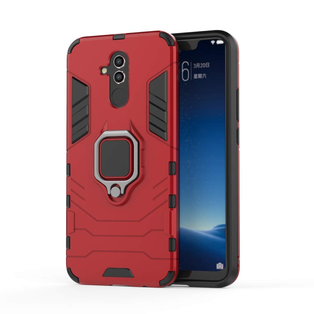 Shockproof Rugged Dual Layer Case for Huawei Mate 20 Lite with Metal Ring Grip & Kickstand - Compatible with Magnetic Car Mount - Durable Hard Bumper Shell (Red) - Perfect for Outdoor Activities, Travel & Daily Protection