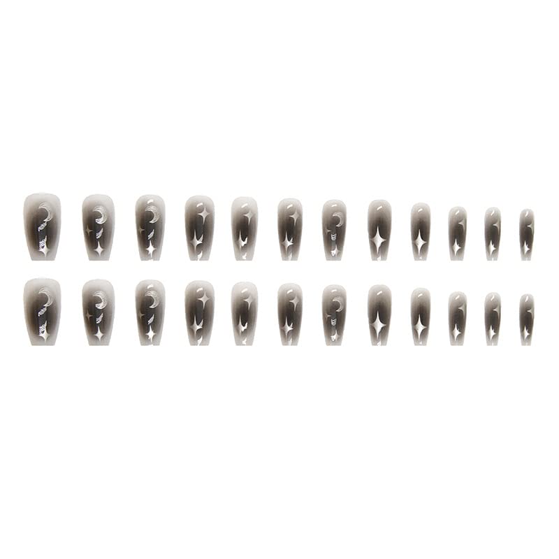 24PCS Grey Black Press on Nails Medium Length - Glossy White Silver False Nails with Star Moon Blush Designs - Full Cover Glue on Artificial Acrylic Fingernails for Women & Girls - Perfect for Parties, Weddings, and Daily Wear