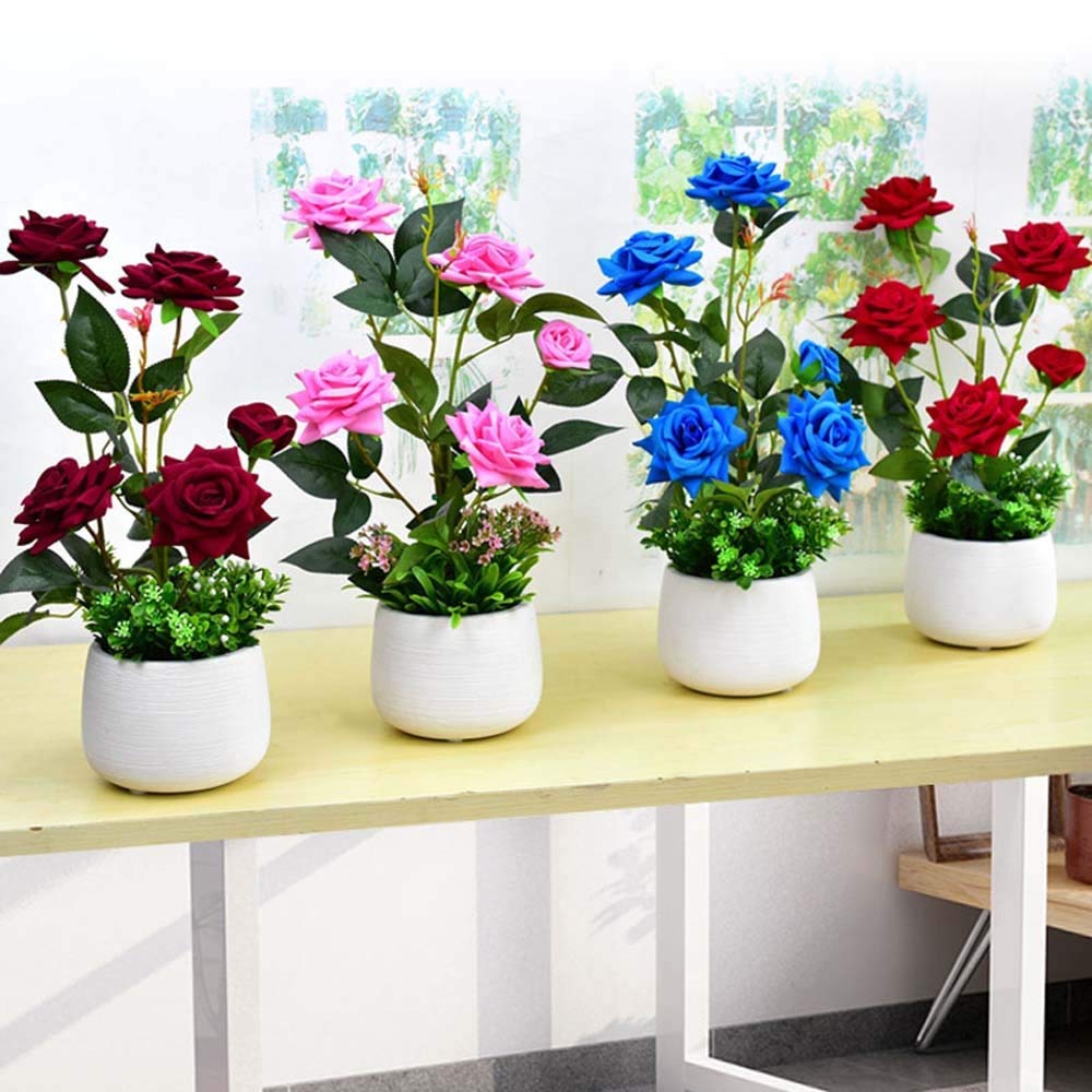 Artificial Blue Rose Flower in Pot - Fake Potted Plant for Home Decor, Office Desk, Wedding Centerpiece & Gift Idea - Realistic Simulation Floral Arrangement