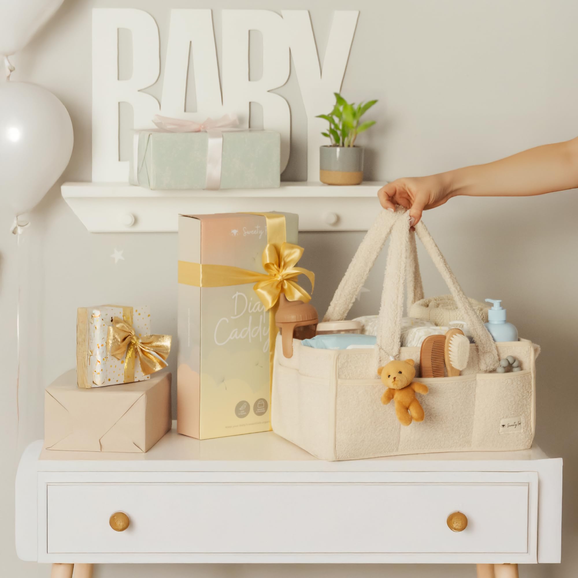 Sweety Fox Baby Diaper Caddy Organizer with Handle - Portable Sherpa Nursery Basket for Diapers & Baby Essentials - Car Diaper Organizer & Cleaning Caddy - Perfect Baby Shower Gift (Ivory) - Ideal for Nursery, Travel & On-the-Go Parents