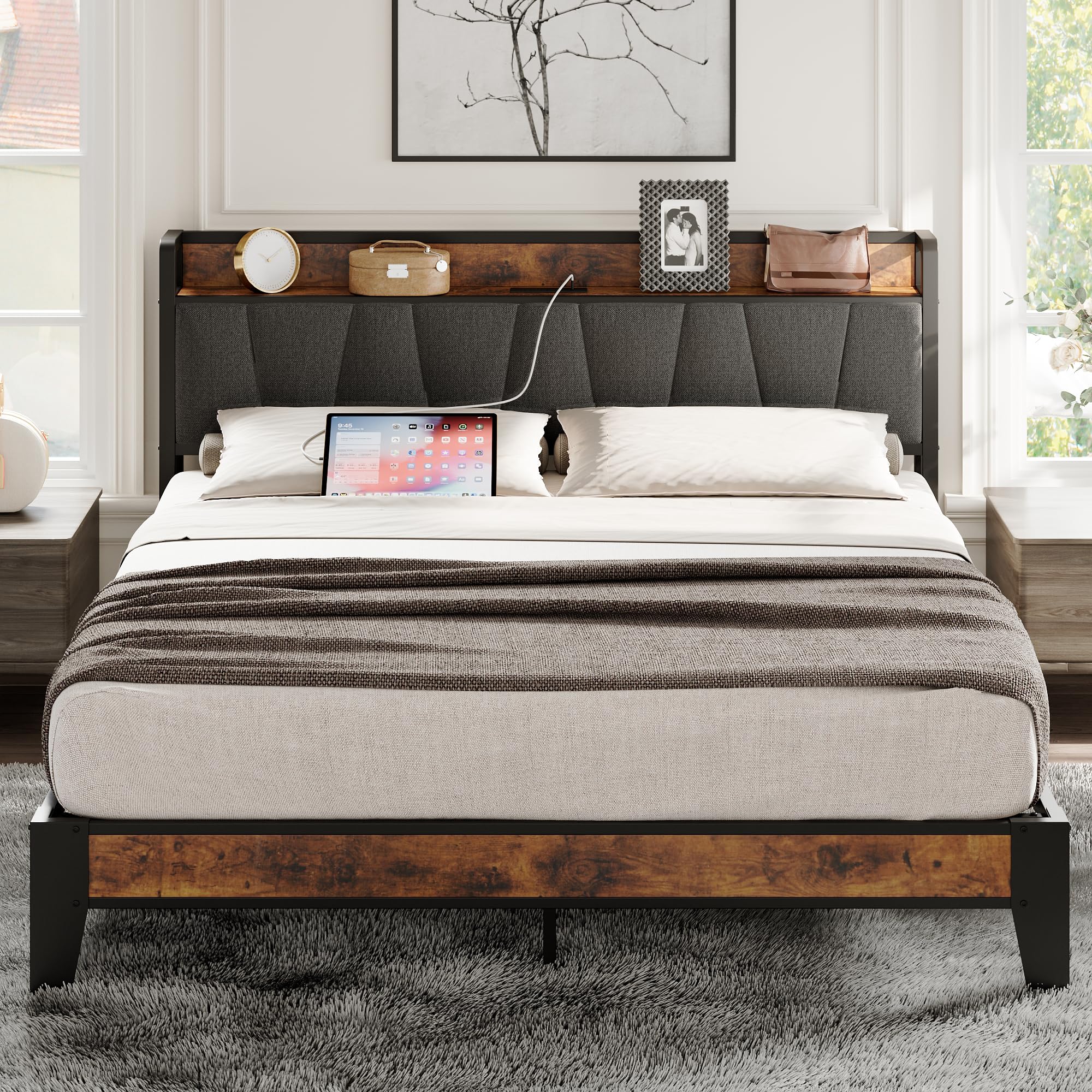 LIKIMIO Full Size Bed Frame with Storage Headboard & USB Charging Station - Sturdy Metal Platform Bed, Quiet & Easy Assembly, No Box Spring Needed - Perfect for Small Bedrooms, Apartments & Dorm Rooms