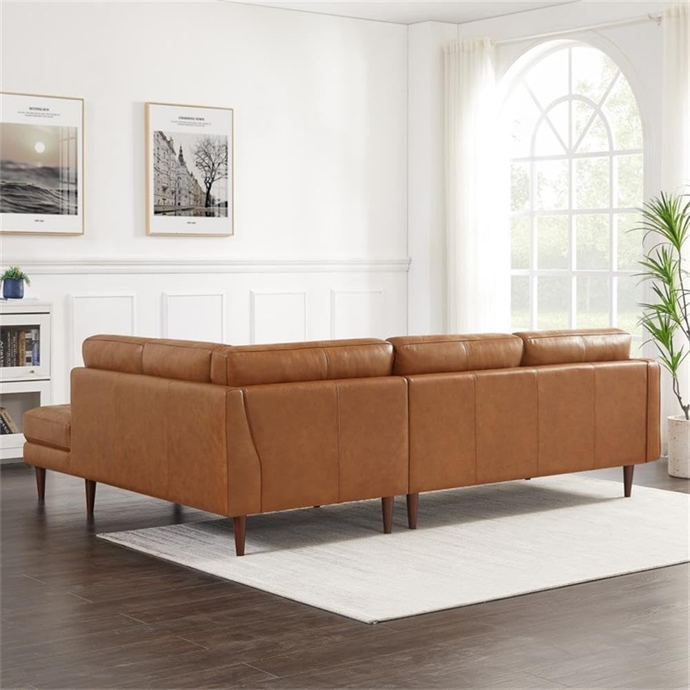 ASHCROFT Lucille Modern Leather Corner Sectional Sofa - Cognac Tan Brown - Contemporary Living Room Furniture for Small Spaces & Family Gatherings