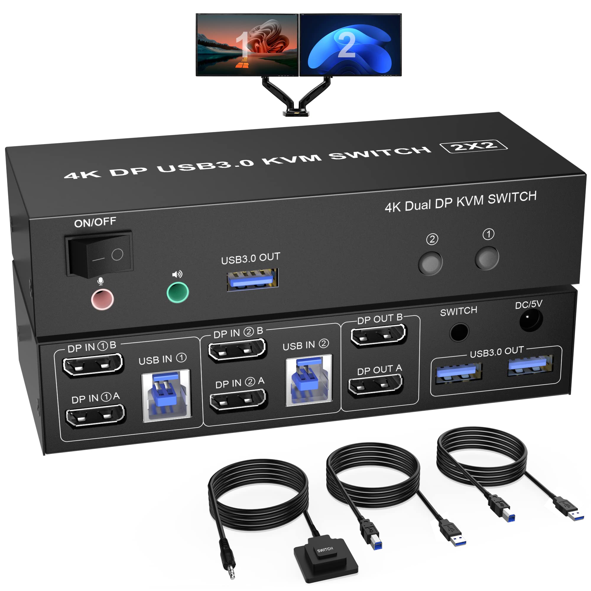 4K@60Hz Dual Monitor USB 3.0 DisplayPort KVM Switch - 2 Computers to 2 Monitors with Audio, Microphone & 3 USB Ports | Perfect for Home Office, Gaming Setup and Multi-PC Workstations