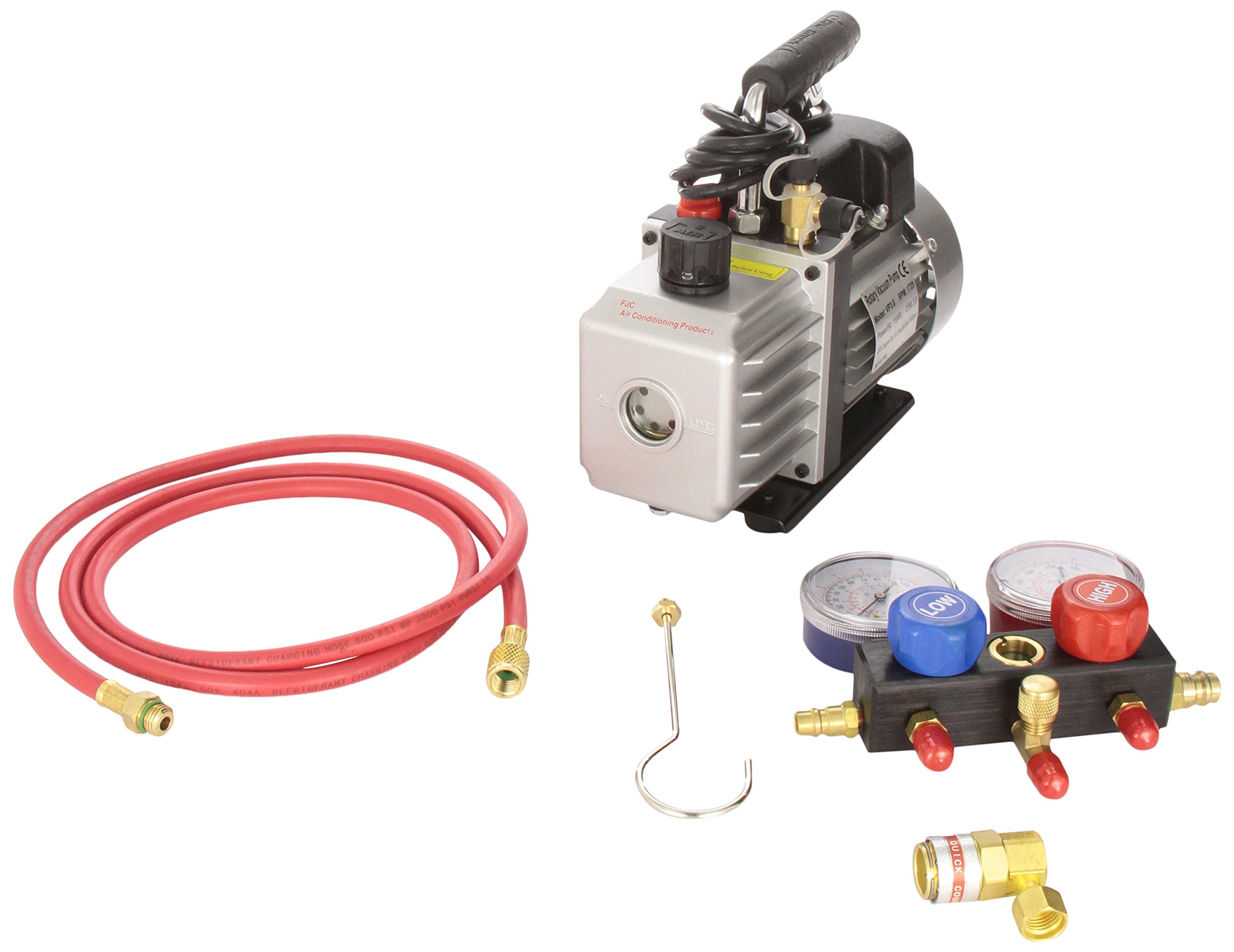 FJC KIT6 Professional HVAC Vacuum Pump & R134a Manifold Gauge Set - Complete AC Refrigerant Recovery Recharge Kit for Car Auto Air Conditioning Repair & Maintenance