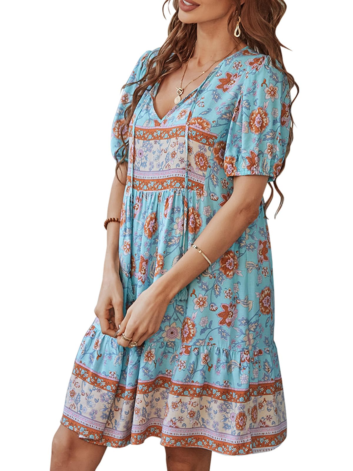 Yoyoveta Women's Summer Floral Print V-Neck Pleated Dress with Short Sleeves - Casual & Party Wear for Beach, Vacation and Date Nights