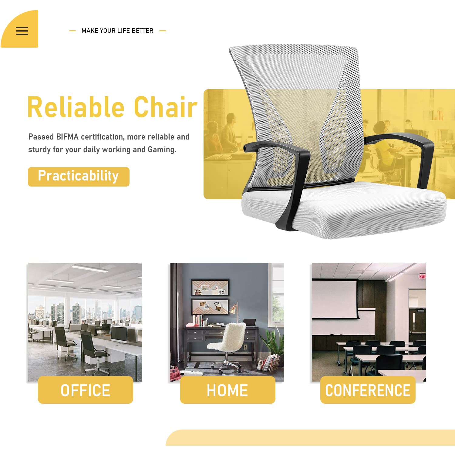 Ergonomic Mesh Office Chair with Lumbar Support - Mid Back Swivel Rolling Computer Desk Chair for Home & Office, Adjustable Armrests (White) - Perfect for Long Work Hours, Gaming & Remote Work