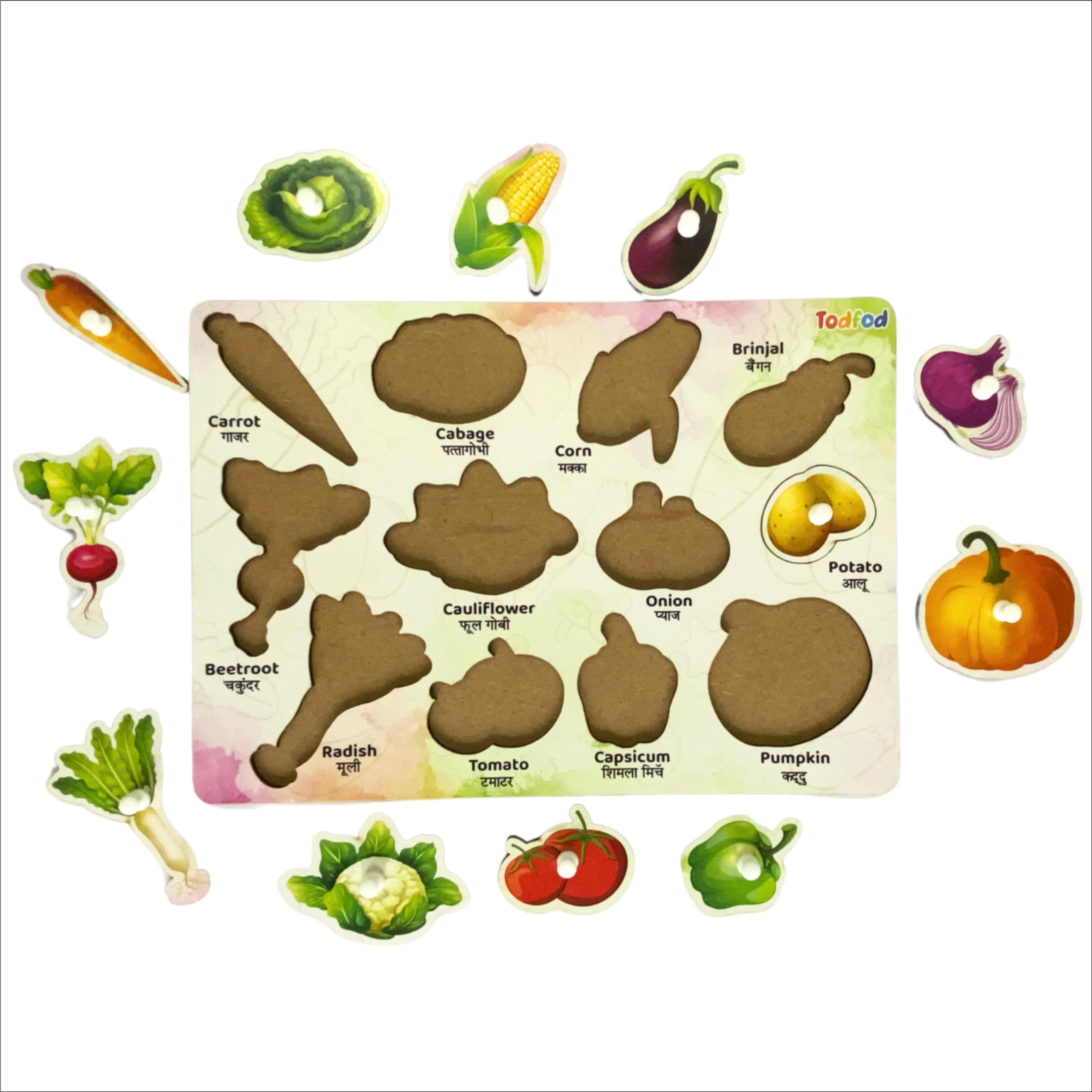 TodFod Wooden Vegetable Puzzle Toy for Kids - 7 Piece Educational Shape Matching Game with Knobs | Montessori Learning Toy for Toddlers | Perfect for Preschool Classroom & Homeschool Activities