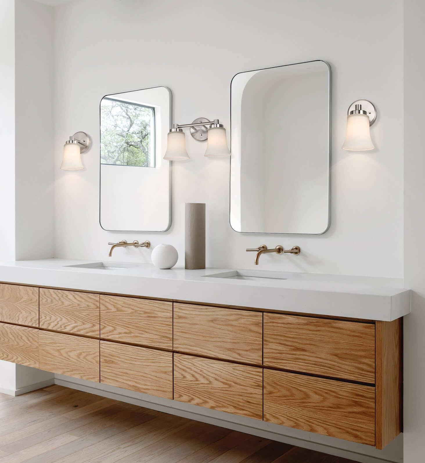 XiNBEi Modern Bathroom Vanity Light - Brushed Nickel 2-Light Wall Sconce with Glass Shades for Bathroom, Powder Room & Dressing Area | XB-W1235-2-BN