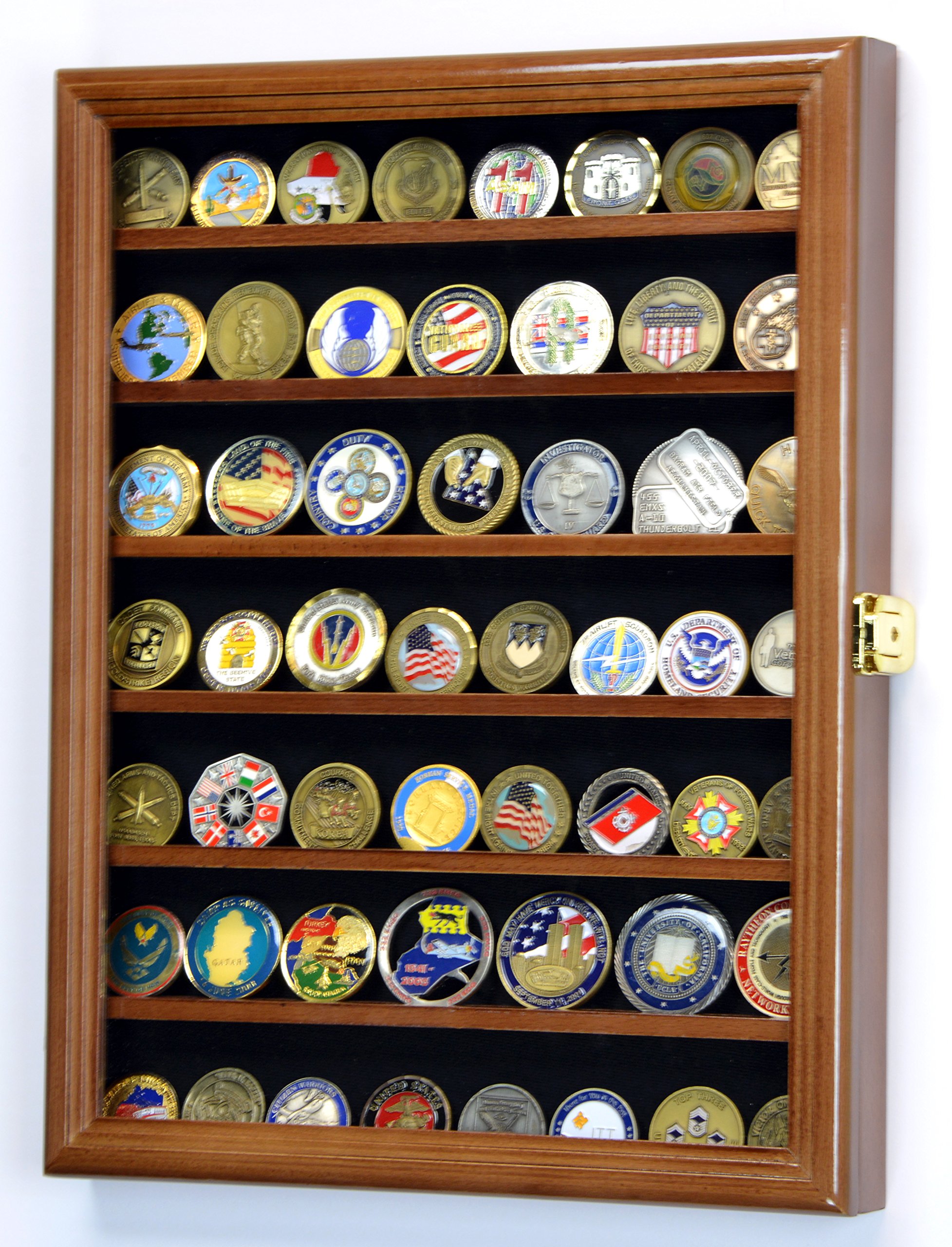 Military Challenge Coin Display Case with UV Protection - Walnut Wood Cabinet for Collectors, Veterans & Enthusiasts | Perfect for Home, Office & Military Memorabilia Showcase