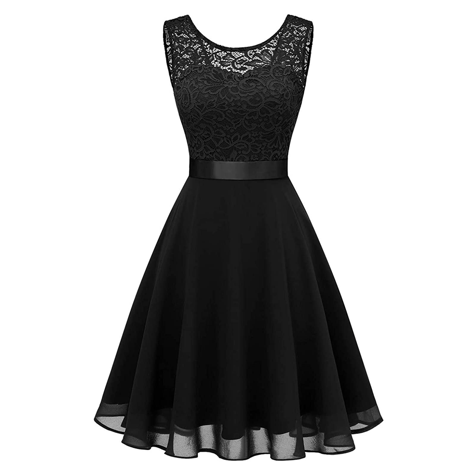 Elegant Women's Lace Sleeveless See-Through Sexy A-Line Sundress - Black Satin Swing Dress for Wedding, Bridesmaid & Summer Parties | Perfect for Beach Vacations, Date Nights & Formal Events