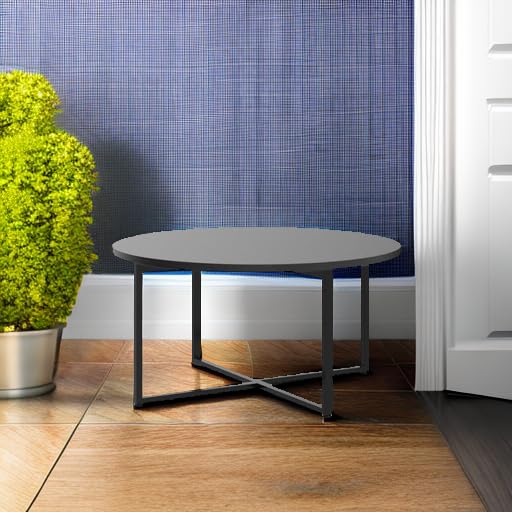 Black Oak Round Coffee Table - Metal & Wood Grain for Living Room