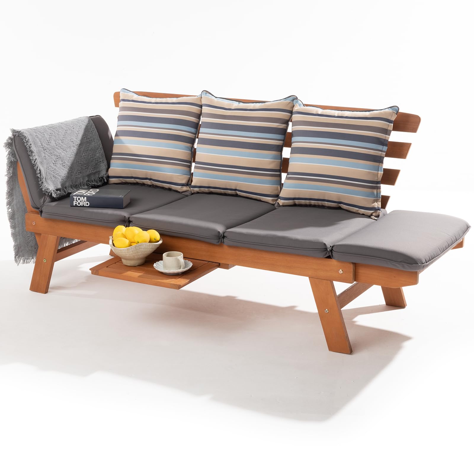 Idzo Amelie Outdoor Daybed Sofa - 750lbs Weight Capacity, Convertible Sleeper Chair with Armrests & Coffee Tray, Includes 3 Comfort Pillows, FSC Certified Wood Frame in Modern Gray - Perfect for Patio, Poolside, Garden or Backyard Relaxation