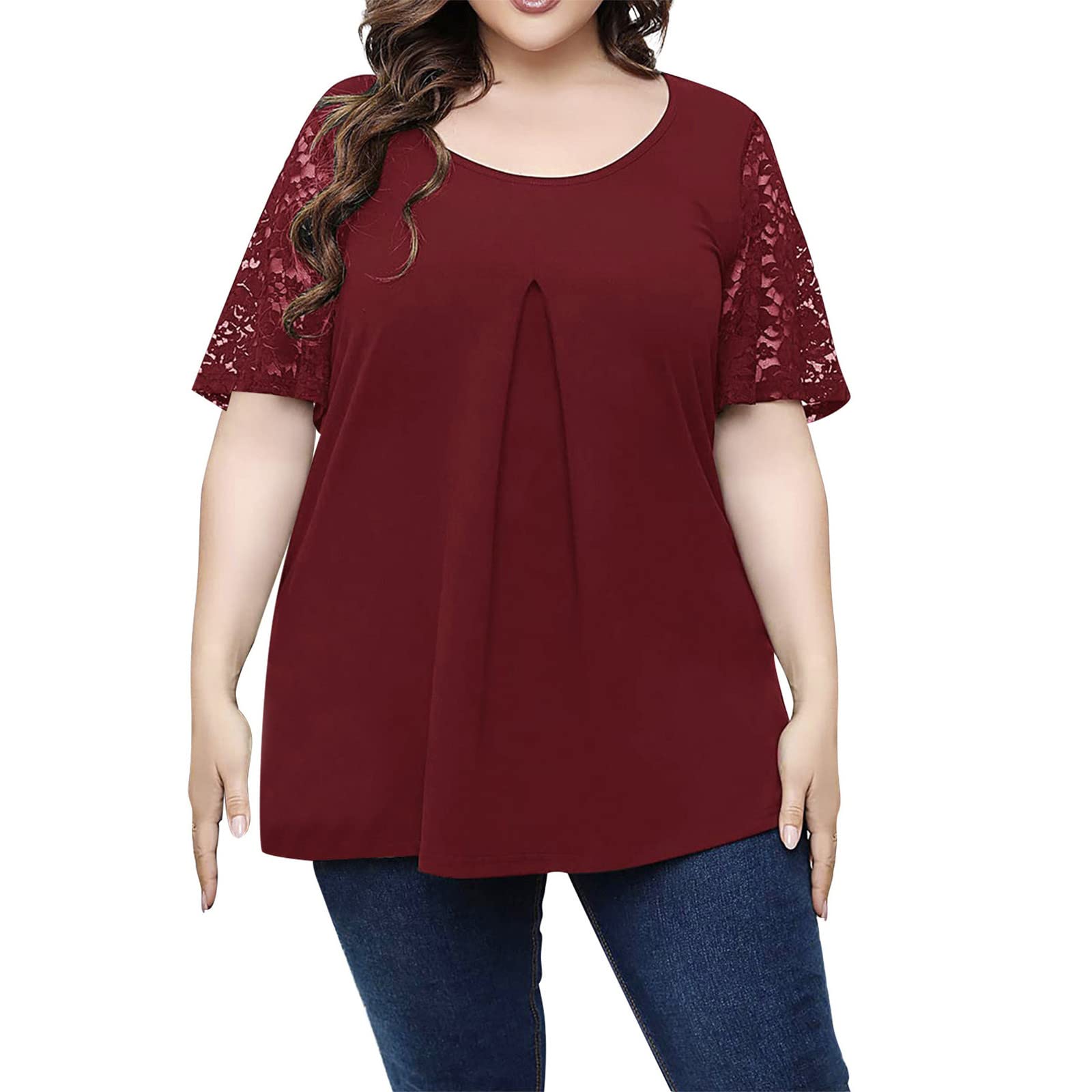 Plus Size Women's Lace Stitching Short Sleeve Tunic Top - Red, White & Blue Casual Blouse for Summer, Work & Special Occasions