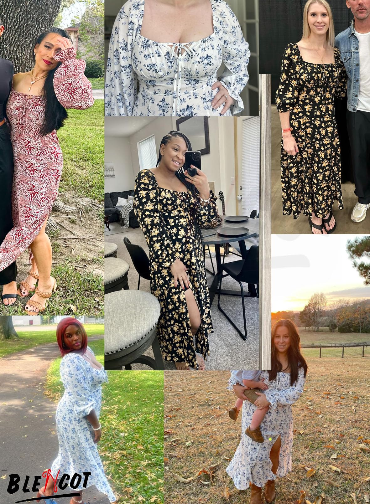 BLENCOT Women's Floral Print Puff Sleeve Maxi Dress - Sexy Square Neck Tie Front Ruffle Hem Split A-Line Summer Beach Dress for Vacation, Party & Date Night