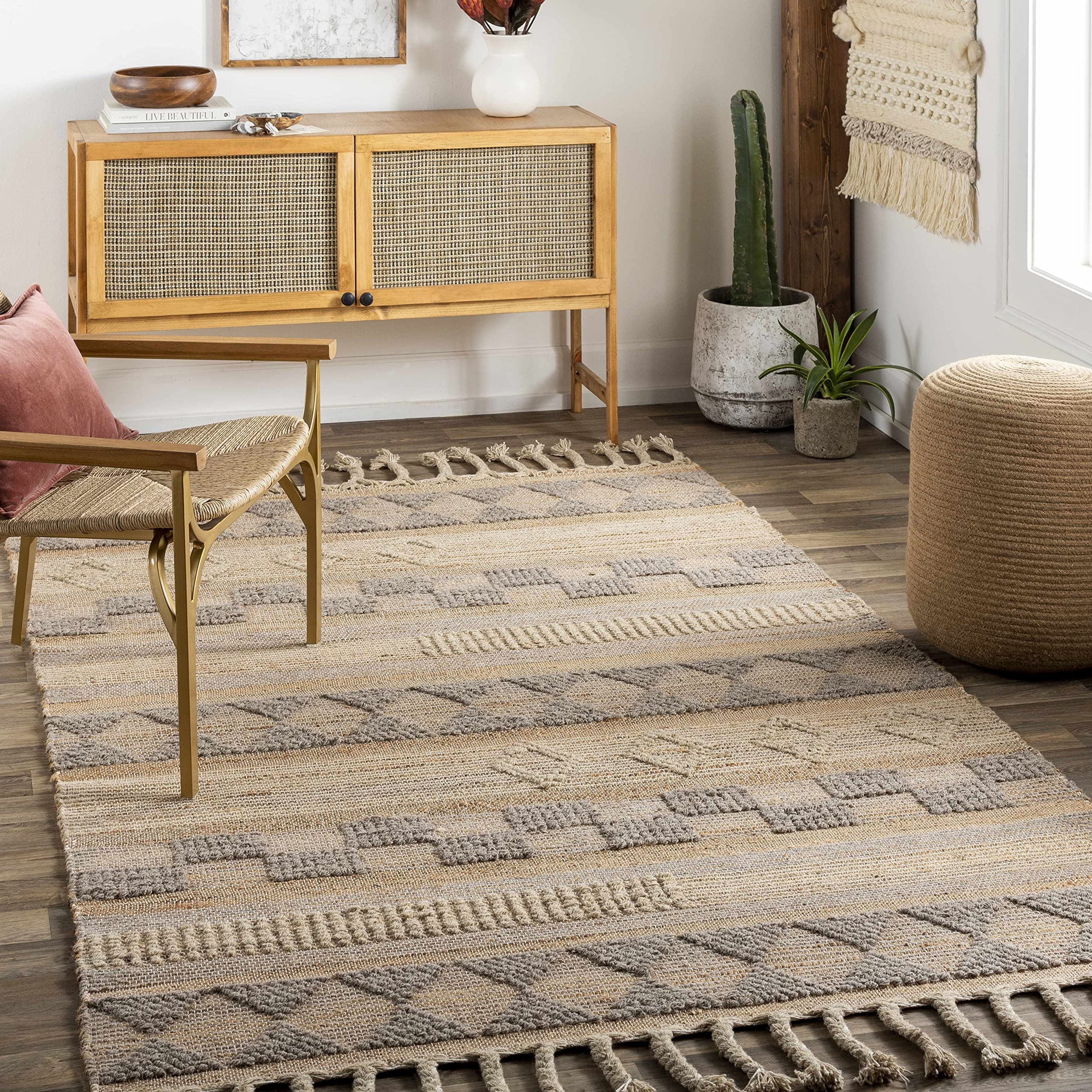 Bohemian Transitional Jute Area Rug for Living Room & Bedroom - 2' x 3' Tan & Gray - Hauteloom Ardee - Perfect for Boho Decor, Cozy Spaces & Neutral Home Styling
