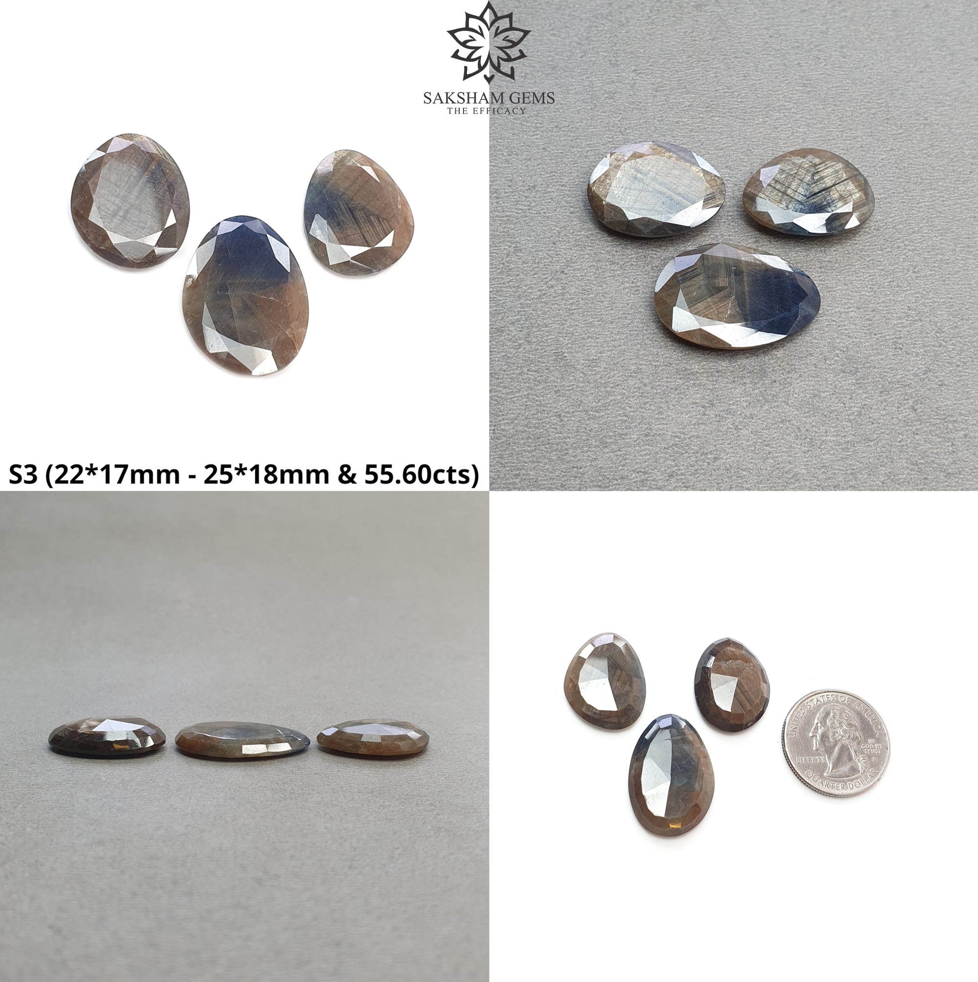 Natural Untreated Golden Brown Sapphire Egg Shape 3pc Set - Chocolate & Blue Silver Sheen Gemstone Jewelry for Engagement, Wedding & Gift Giving