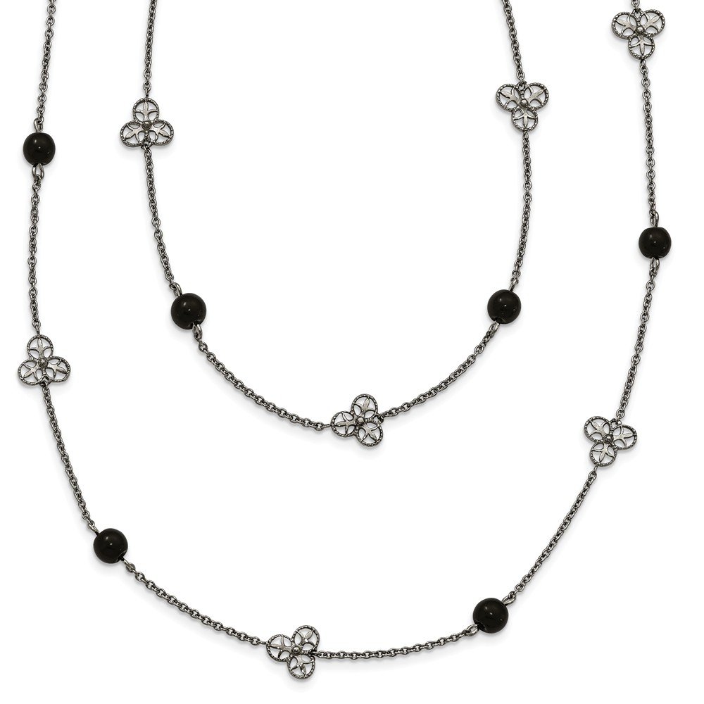 Premium Solid Stainless Steel Black Acrylic Bead Necklace Chain - 33 Inch Unisex Jewelry for Men & Women | Perfect for Everyday Wear, Parties, and Gifts