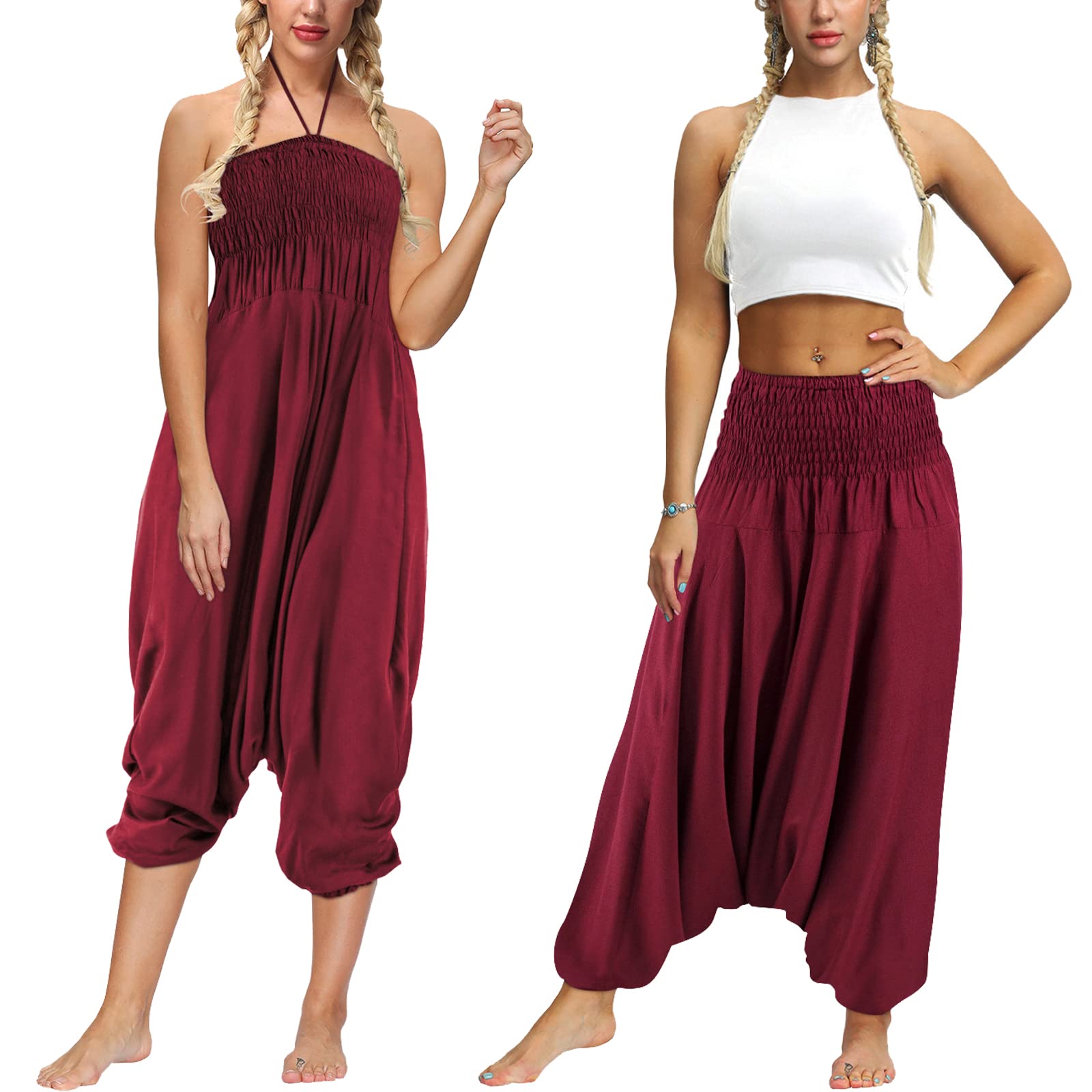 Boho Harem Jumpsuits for Women - Hippie Yoga Pants with Smocked Waist, Loose Fit Palazzo Pants for Pilates & Lounge Wear | NIOENPT