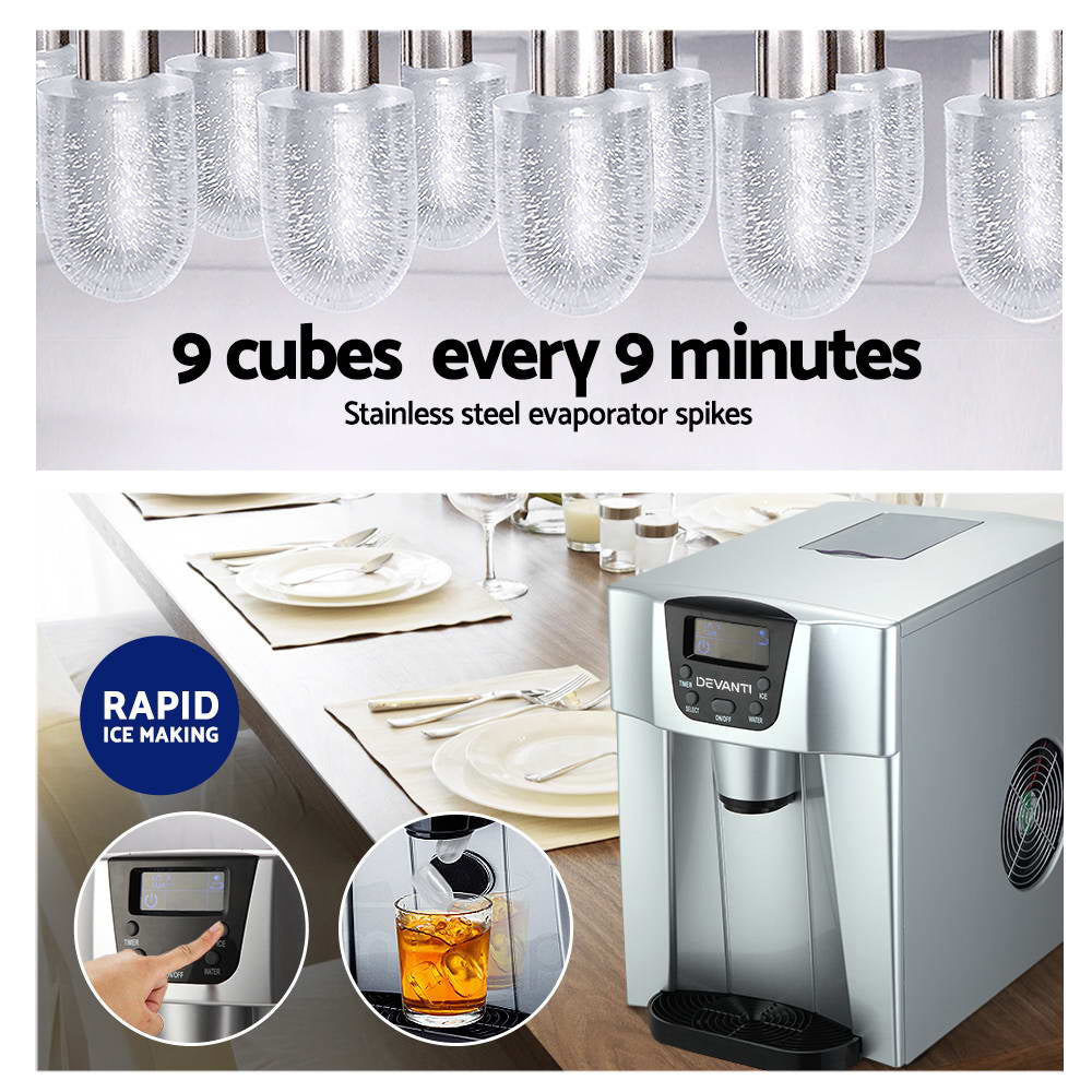 Devanti 2L Portable Ice Cube Maker & Water Dispenser - Silver | Countertop Ice Machine for Home, Office, RV & Outdoor Use | Fast Ice Production in 6-8 Minutes