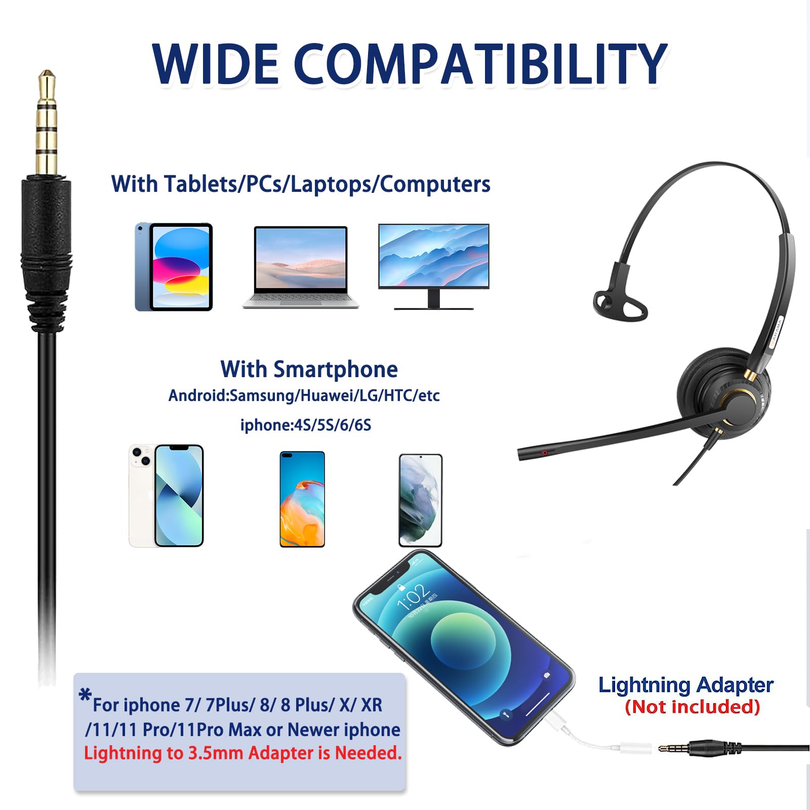 Noise Cancelling Wired Headset with Mic - 3.5mm Universal Headphones for iPhone, Samsung, PC, iPad - Computer Headset for Skype, Business Calls, Office Work & Online Meetings - Crystal Clear Chat Audio