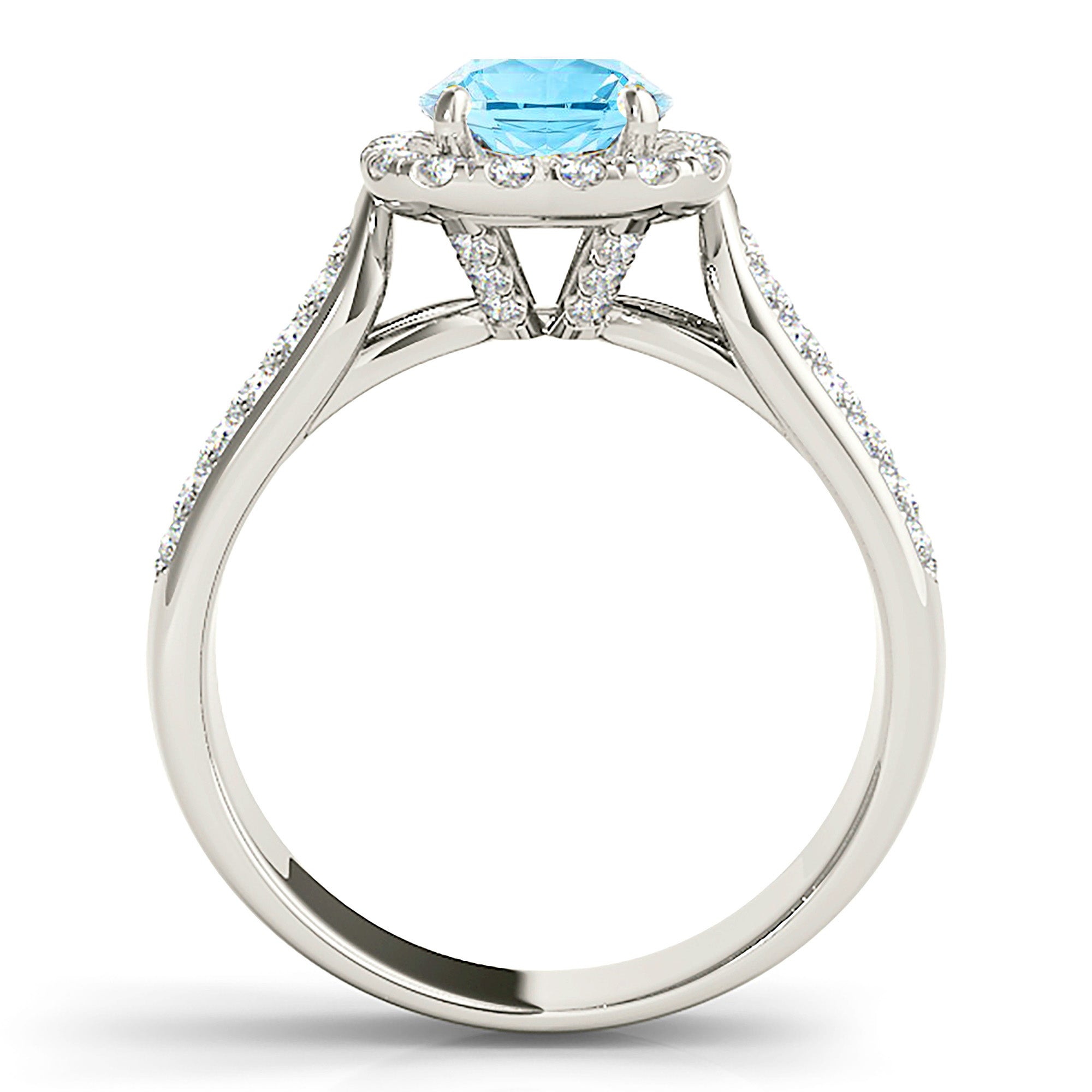 1.10 ct Genuine Aquamarine Ring with Cushion Halo & Triple Row Diamond Band - Elegant Engagement, Wedding, Anniversary Jewelry Gift for Women