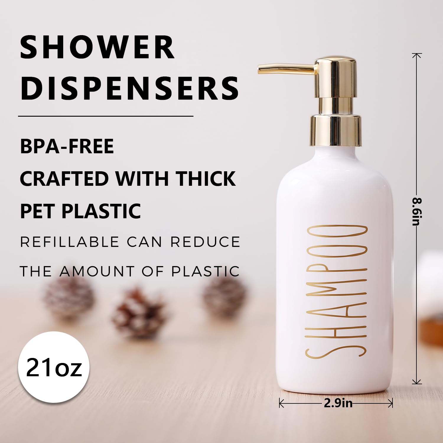 HOMCDALY 21oz Shampoo and Conditioner Dispenser Set of 3 - Refillable Pump Bottles for Shower, Bathroom & Travel - Gold (Perfect for Organizing Shampoo, Conditioner, Body Wash & Liquid Soap)