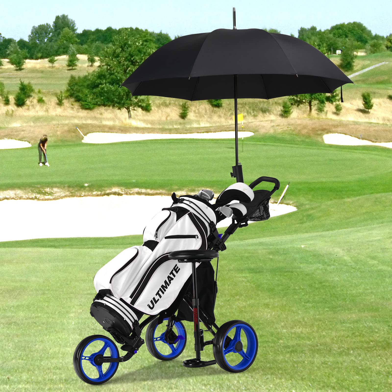 Best 3 Wheel Folding Golf Push Cart - Lightweight Collapsible Golf Trolley with Seat, Foot Brake & Umbrella Holder - Adjustable 4-Position Handle for Golf Clubs - Perfect for Golf Courses & Practice Ranges