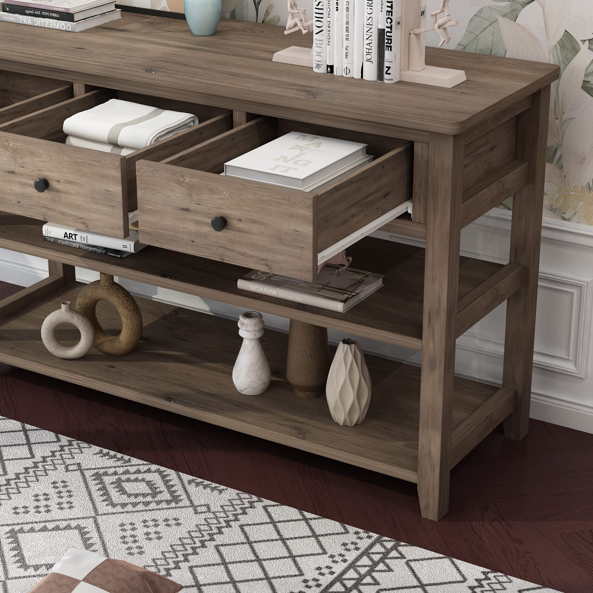 Modern 3-Tier Console Table with 3 Drawers & Storage Shelves - Narrow Entryway Sofa Table for Living Room, Hallway, Bedroom - Space-Saving Grey Sideboard for Small Apartments & Home Decor