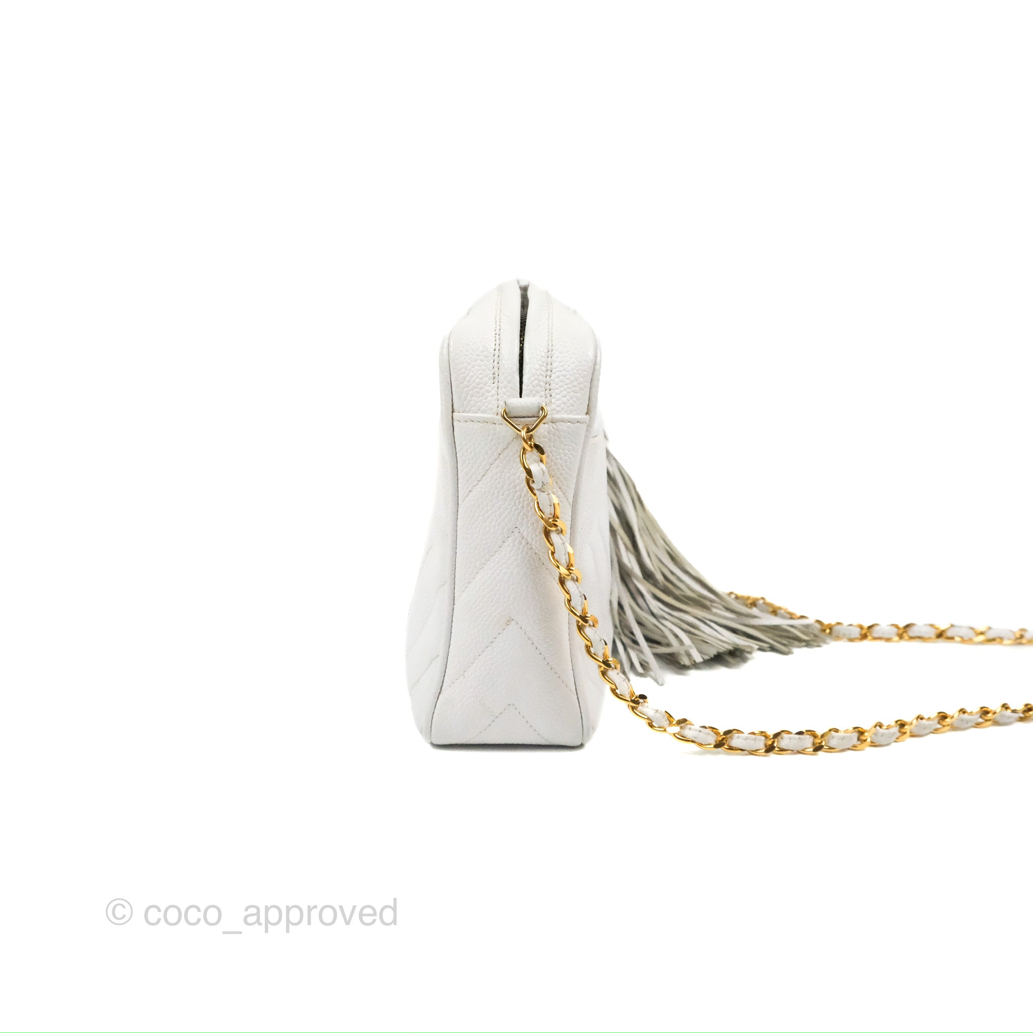 Chanel Chevron Quilted Tassel Camera Bag in White Caviar Leather with Gold Hardware - Perfect for Travel, Parties & Everyday Luxury