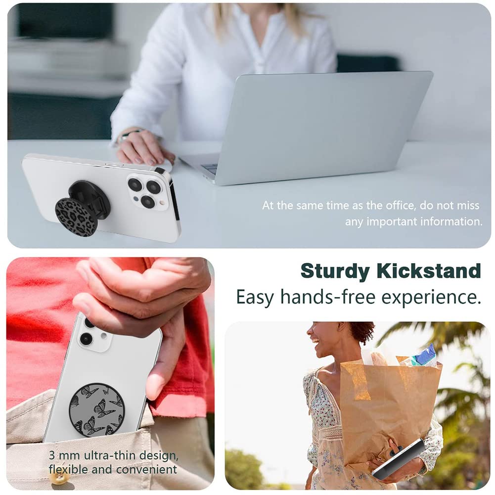 2 Pack Universal Phone Finger Stand Holder & Kickstand - Expandable Grip Compatible with Most Smartphones & Cases (Black Leopard & Butterfly) - Perfect for Watching Videos, Gaming & Hands-Free Use