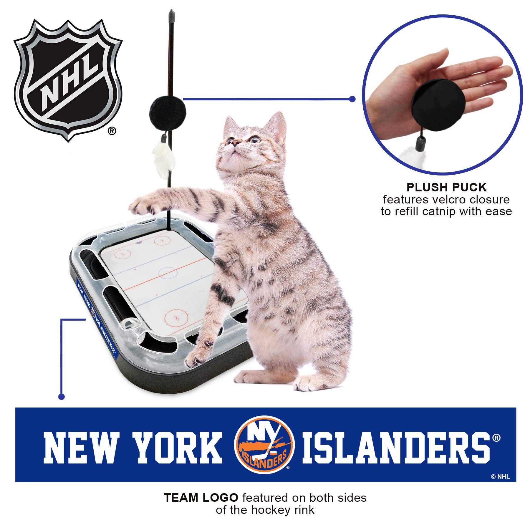 New York Islanders NHL Hockey-Themed Cat Scratching Toy with Interactive Ball Bell - 5-in-1 Multi-Functional Cat Scratcher & Play Toy for Indoor Cats - Perfect for Playtime, Exercise, and Nail Care
