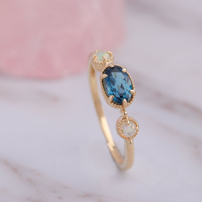 East to West London Blue Topaz Engagement Ring – Unique Three Stone Opal Ring, Minimalist Dainty Promise Ring, Bezel Set Bridal Ring for Women | Perfect for Weddings, Anniversaries & Special Occasions