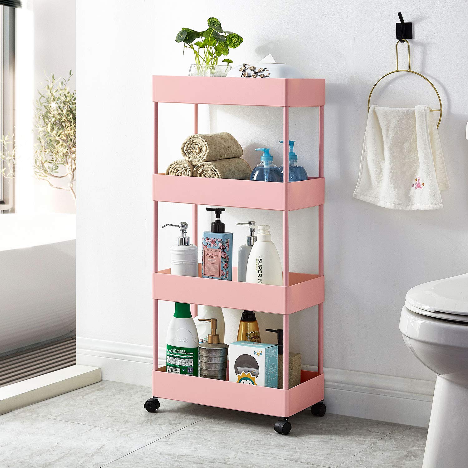 4-Tier Slim Rolling Storage Cart with Wheels - Pink Utility Cart for Kitchen, Bathroom, Bedroom & Craft Room Organization | Mobile Storage Solution for Small Spaces