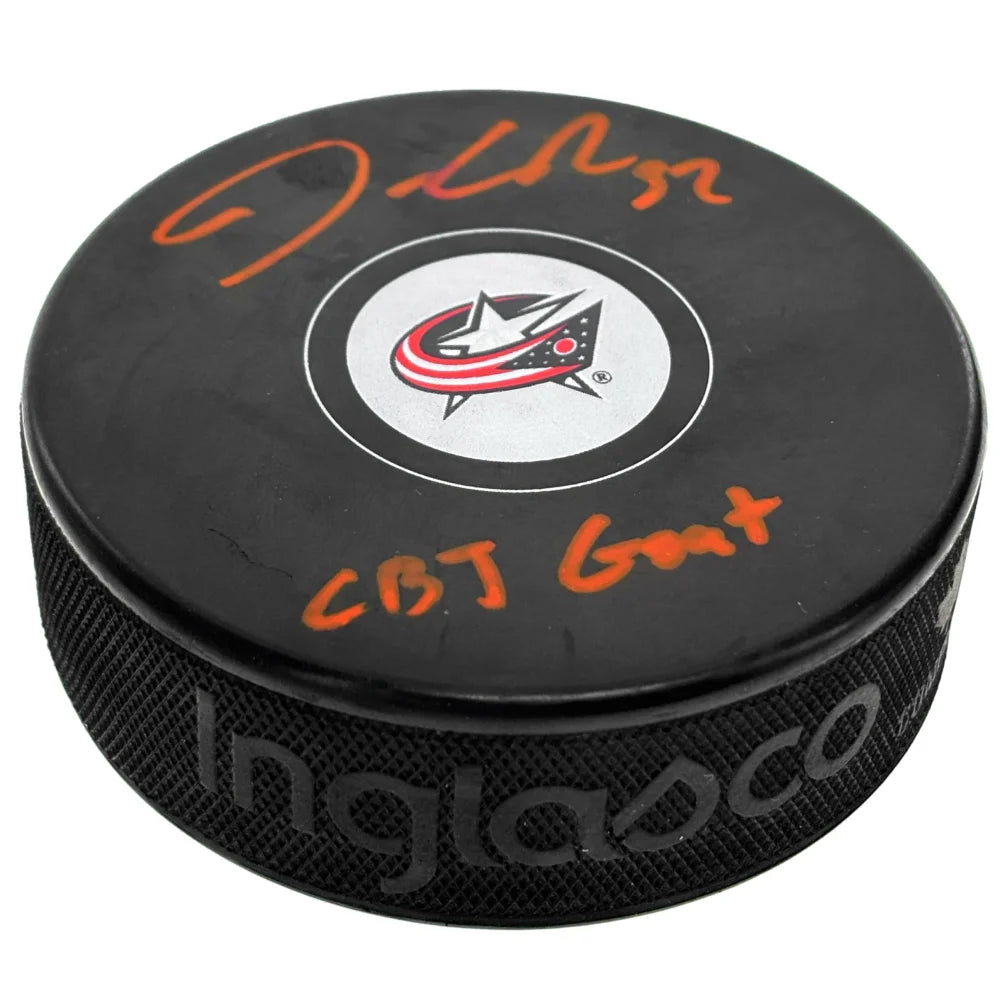 Jonathan Quick Autographed Columbus Blue Jackets Puck - Signed CBJ GOAT Inscription with PSA/DNA COA - Perfect for Hockey Fans, Sports Memorabilia Collectors & Game Room Decor